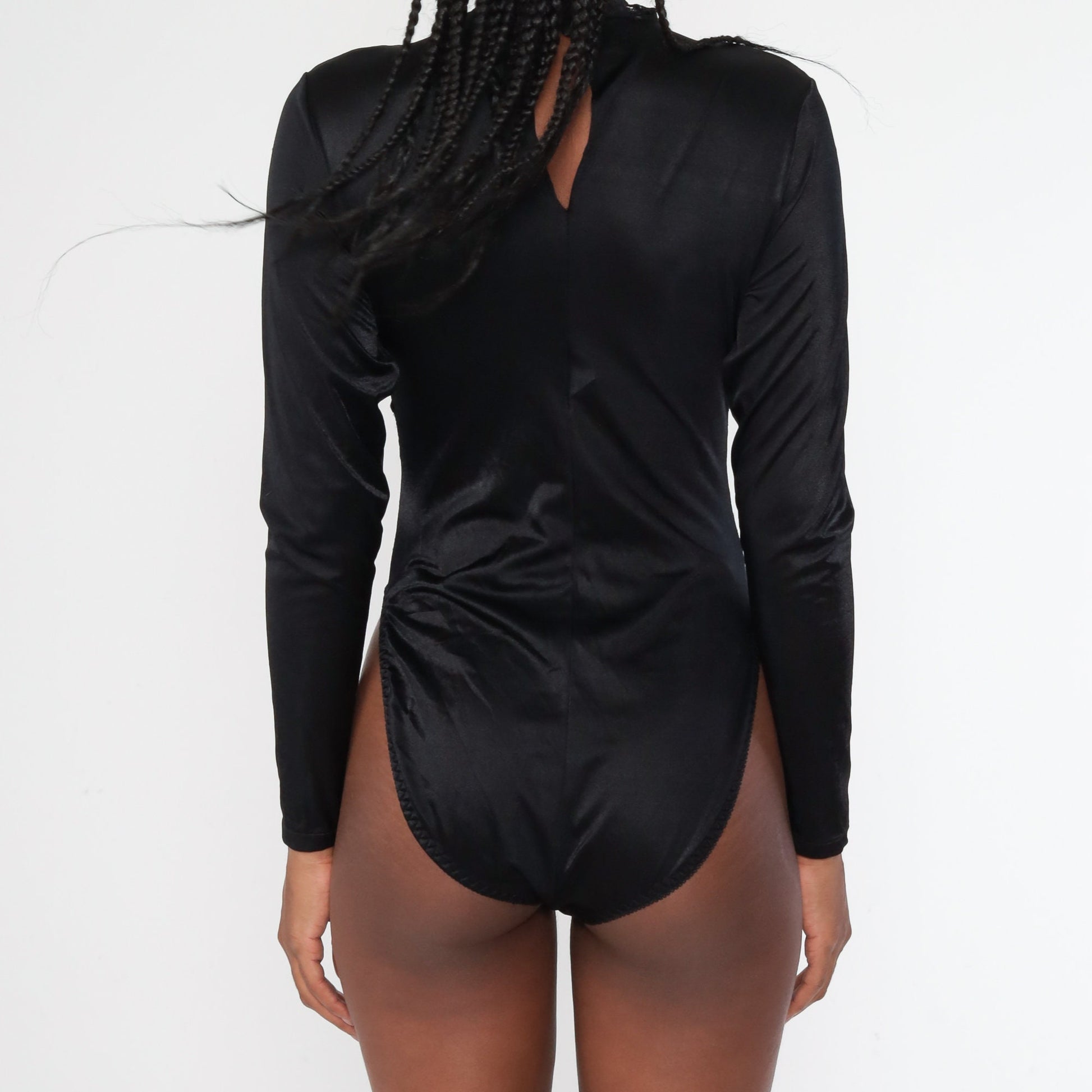 80s Black Lace Teddy Bodysuit Long Sleeve High Cut Lingerie Large L