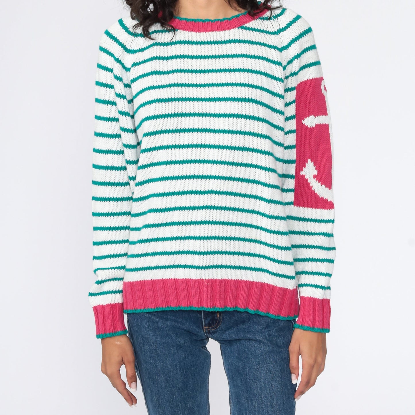 90s Nautical Anchor Striped Knit Sweater White Green Small