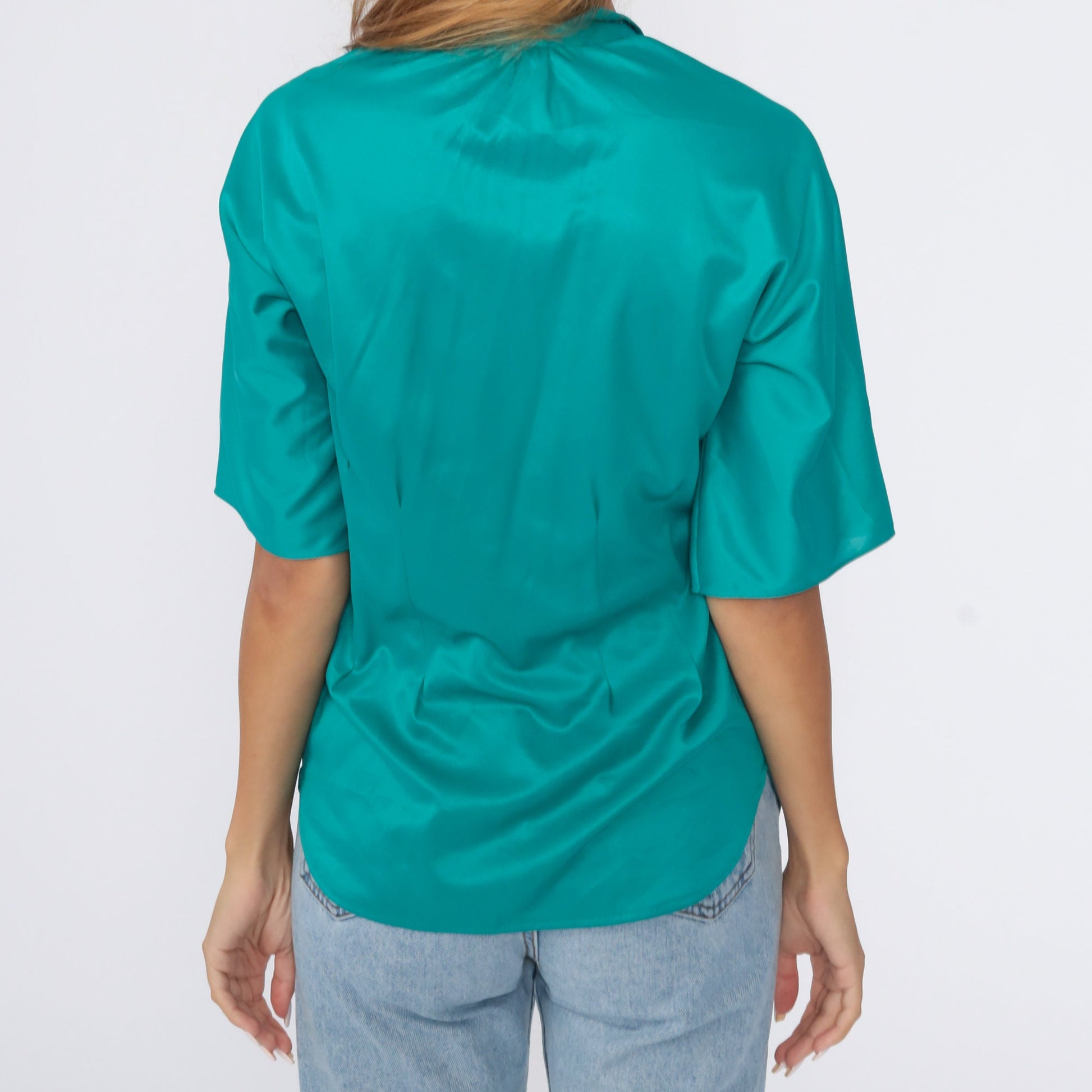 80s Teal Button-Up Shirt Short Sleeve Blouse Small