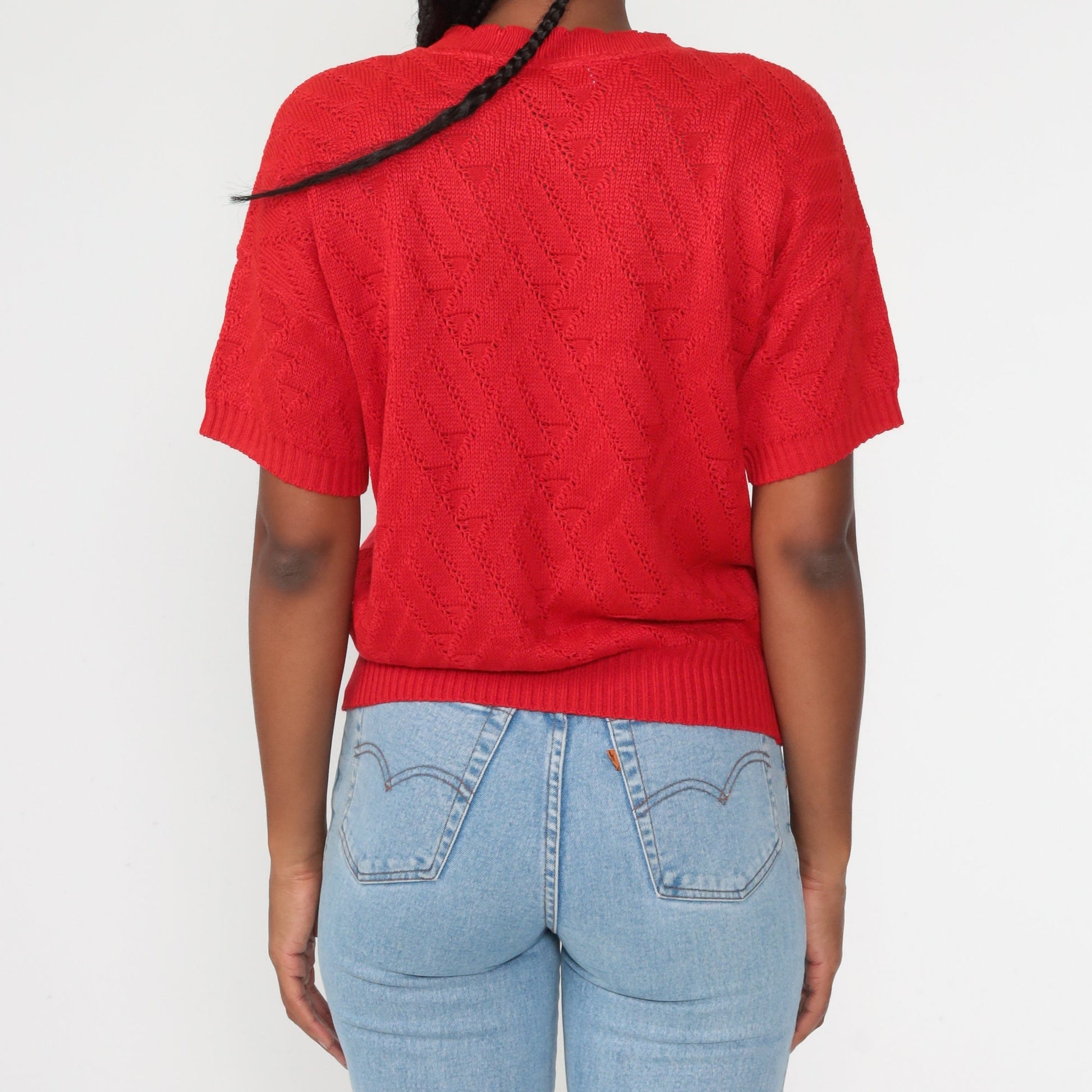 80s Red Open Weave Knit Sweater Top Short Sleeve Medium