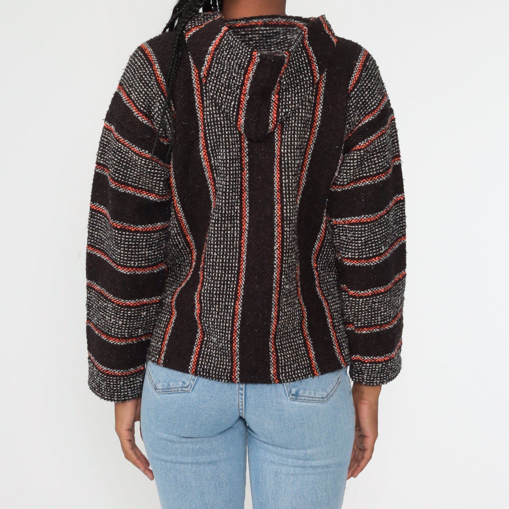 90s Mexican Baja Hoodie Orange Black Stripe Kangaroo Pocket Small