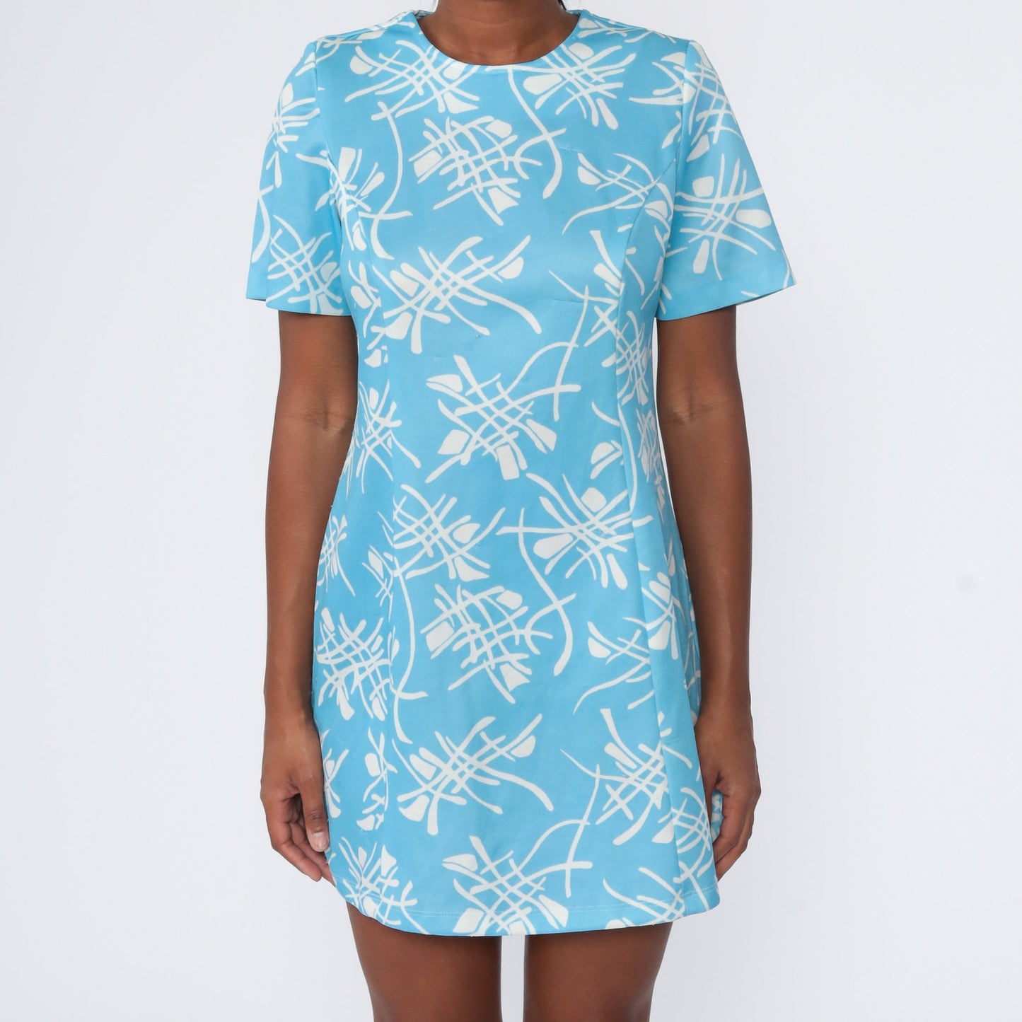 70s Abstract Print Mini Shift Dress Blue Sheath Cut Large