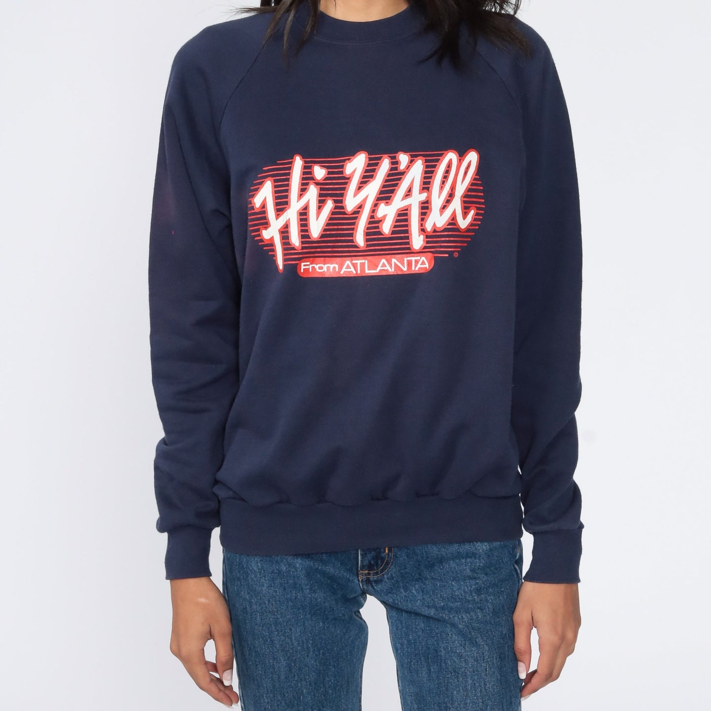 80s Atlanta Hey Y'all Georgia Raglan Sweatshirt Navy Graphic Crewneck Medium