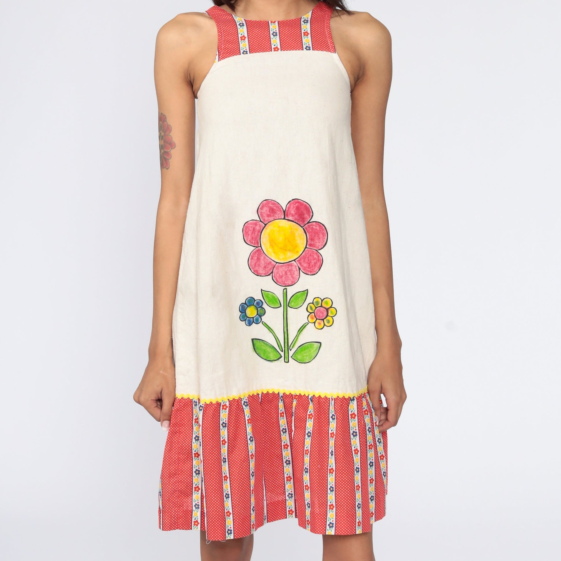 70s Floral Midi Dress Beige Cotton Shift Sleeveless XXS