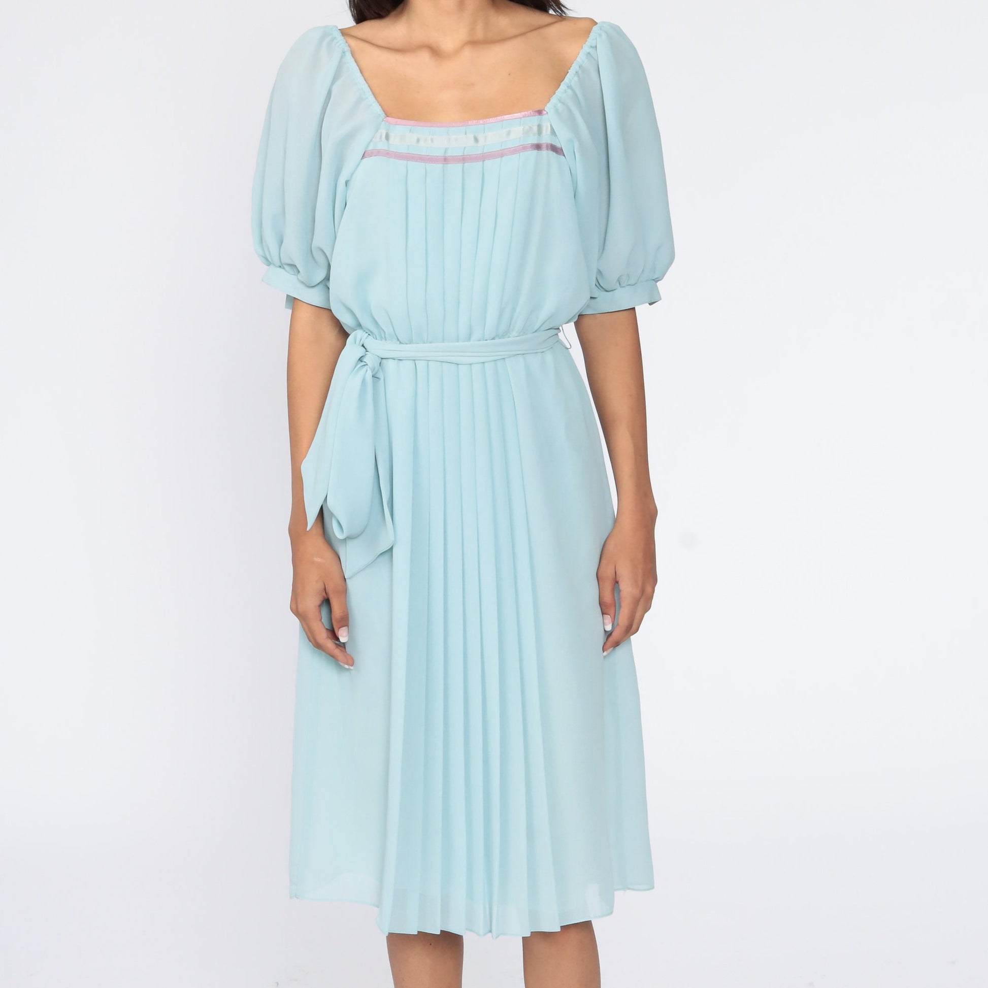 70s Baby Blue Pleated Midi Dress Puff Sleeve High Waist Small