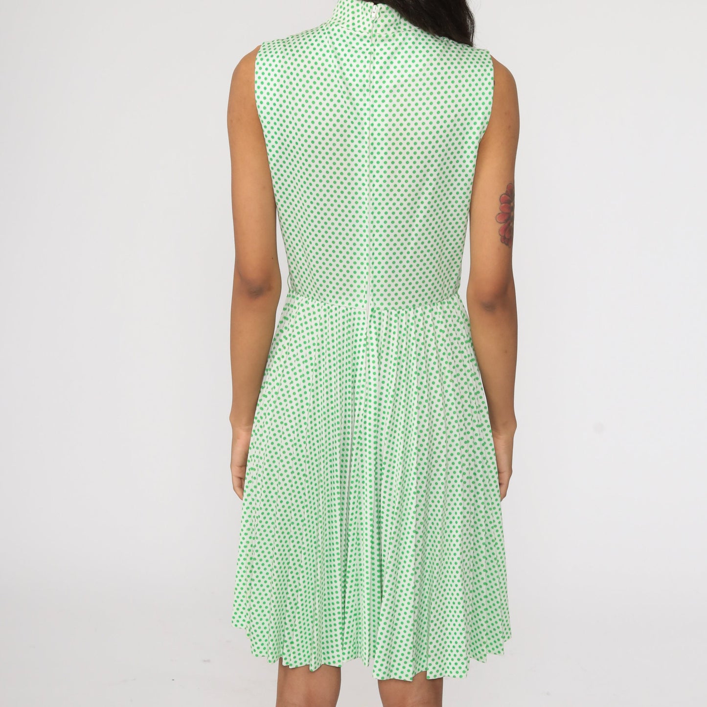 70s Green Polka Dot Midi Dress High Waist Pleated Mock Neck Extra Small