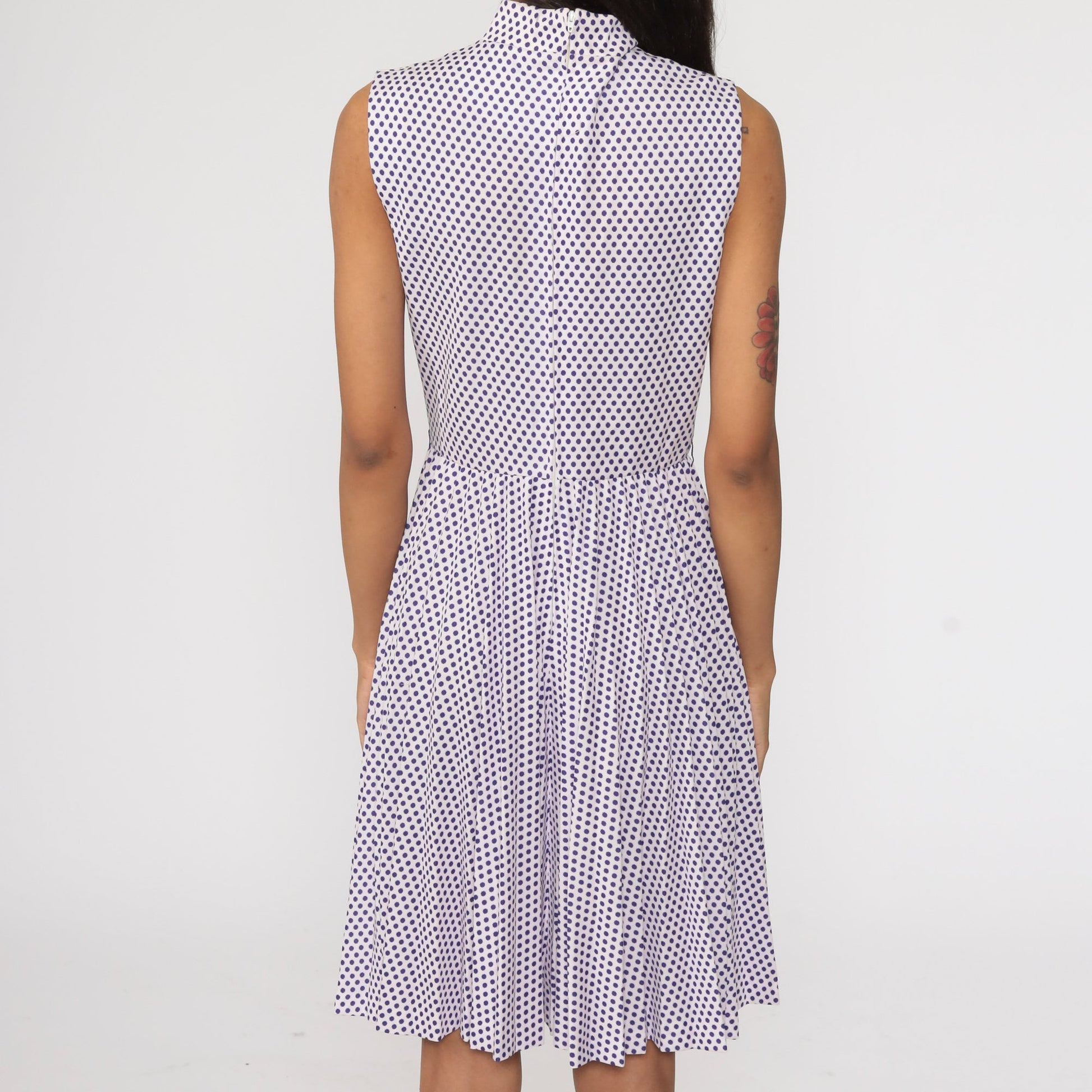 1970s Purple Polka Dot Midi Dress High Waist Pleated Mock Neck Pink Small