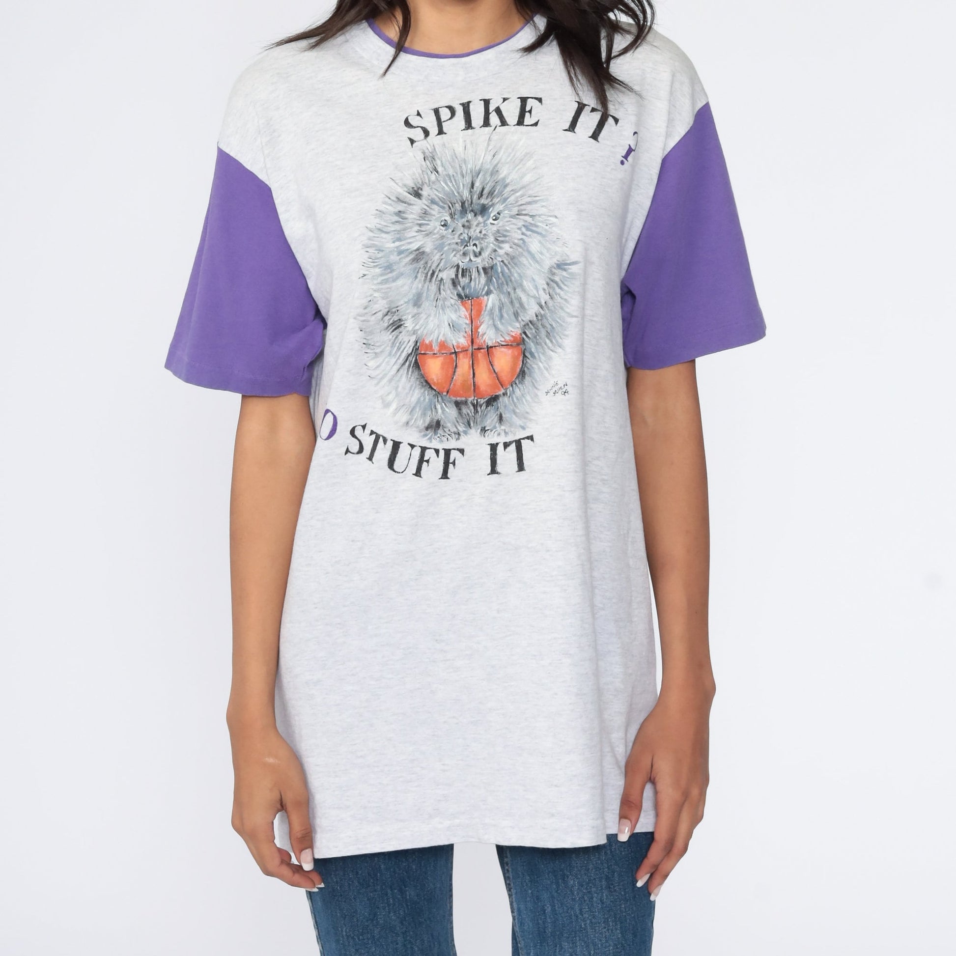 80s Porcupine Basketball Graphic T-Shirt Grey Ringer Tee Medium
