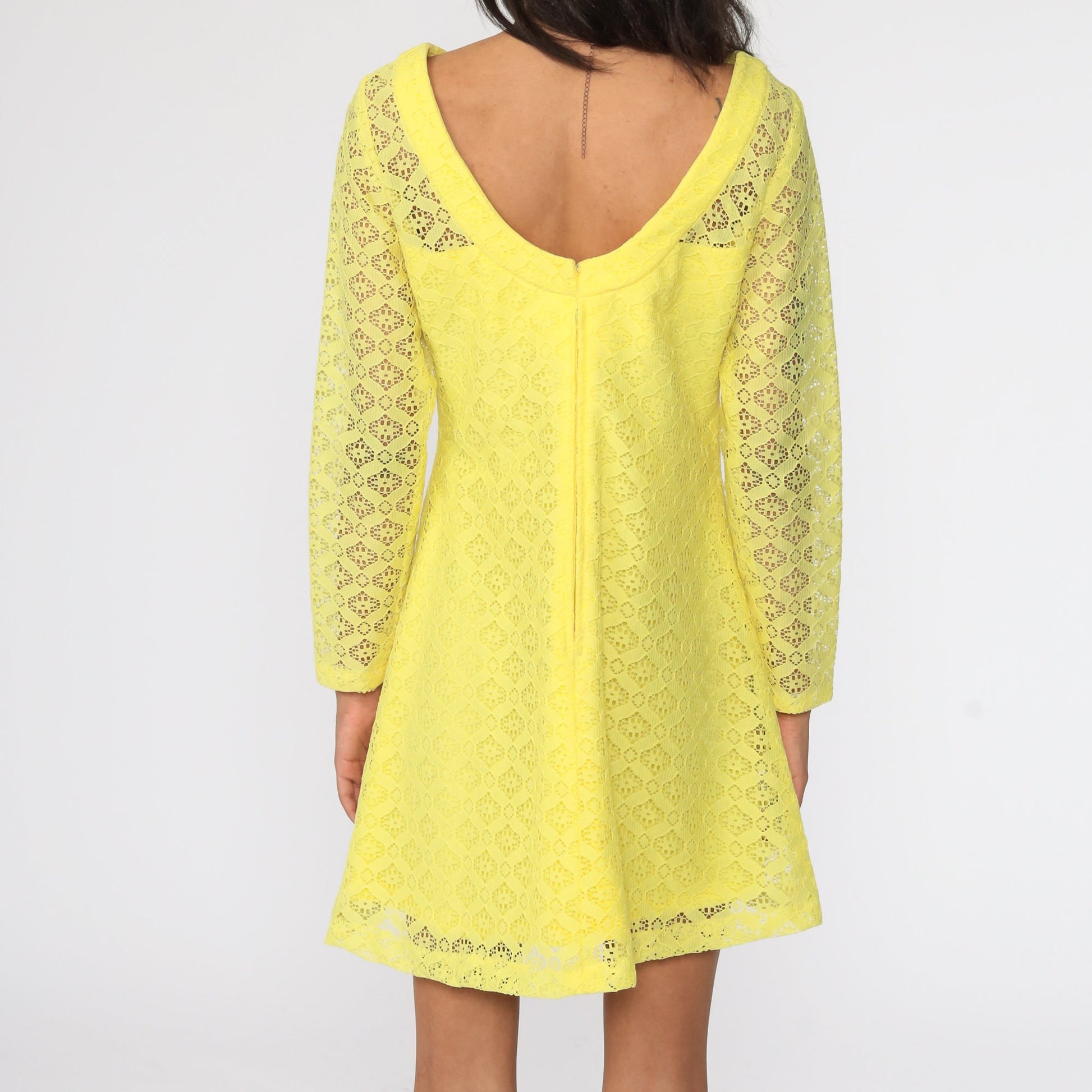 60s Yellow Lace Mini Dress Illusion Neckline Shift Long Sleeve Small Medium