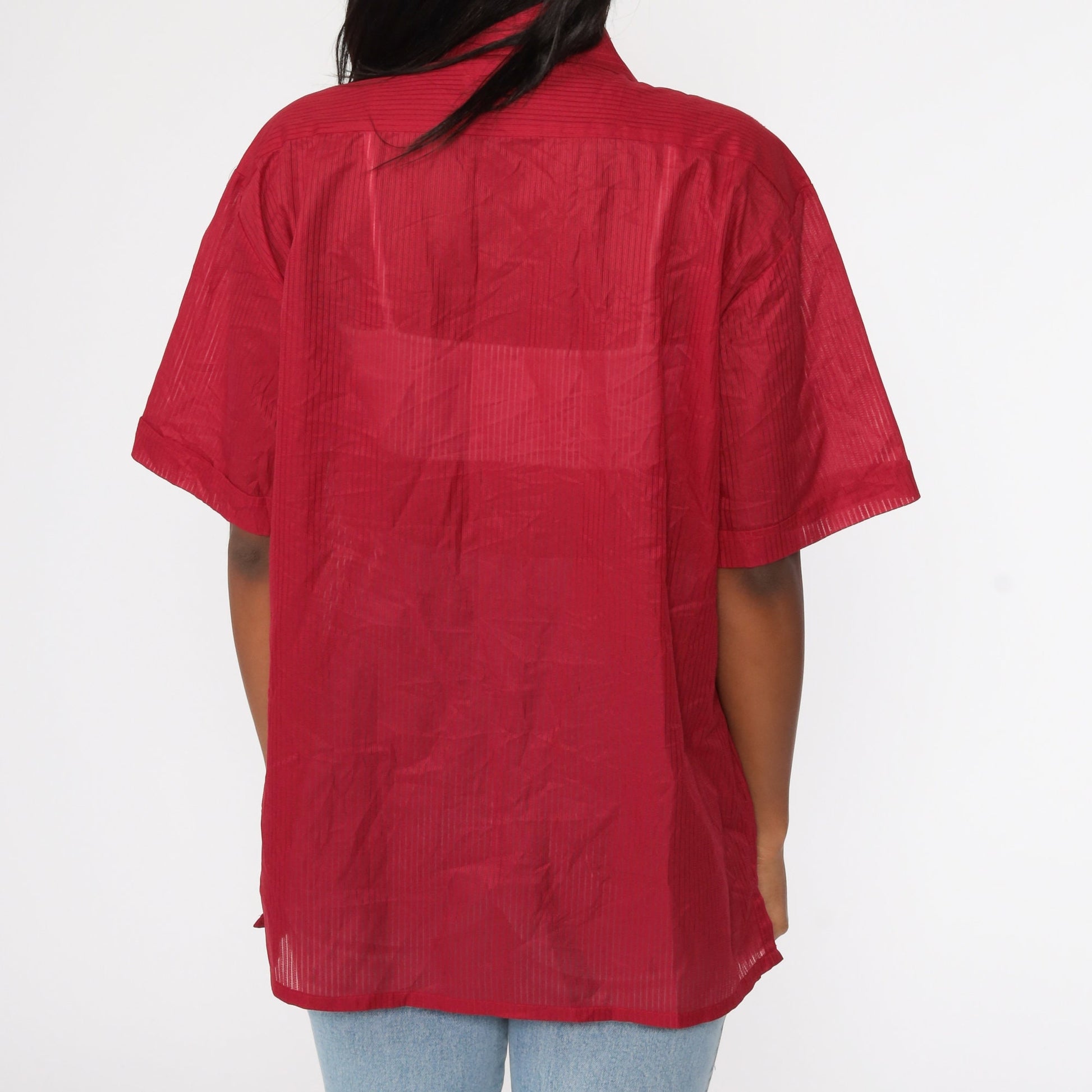 70s Red Sheer Button-Up Shirt Dagger Collar Short Sleeve Extra Large