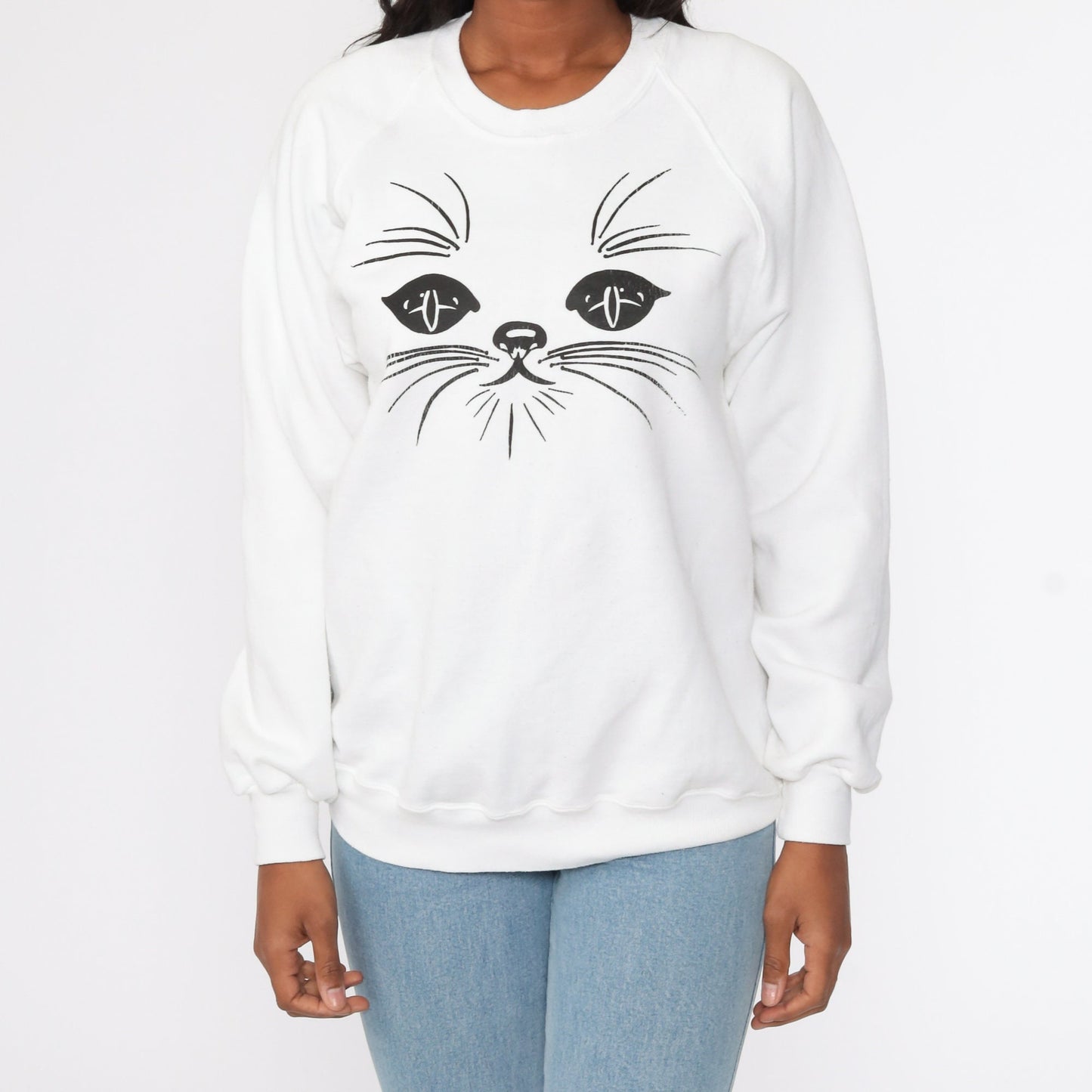 80s Jerzees Cat Face Raglan Sweatshirt White Graphic Crewneck Medium