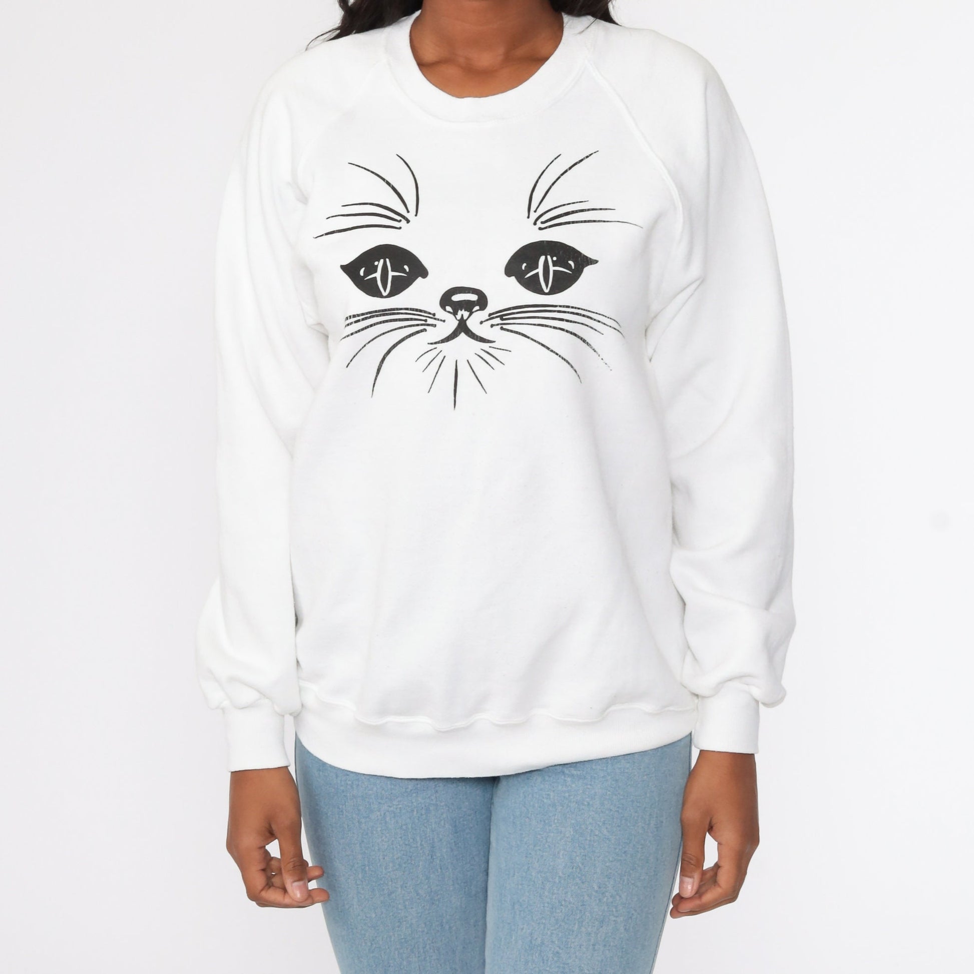 80s Jerzees Cat Face Raglan Sweatshirt White Graphic Crewneck Medium