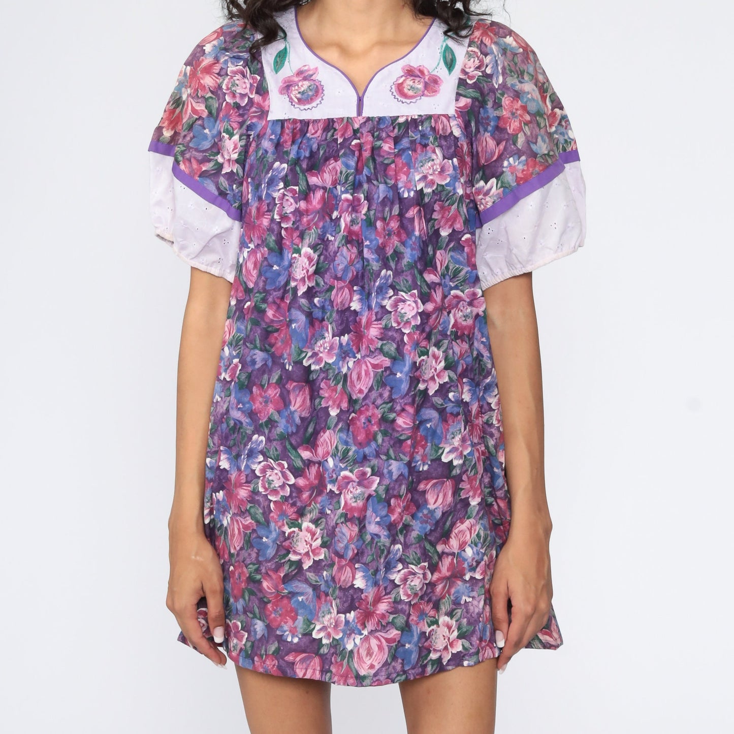 80s Floral Purple Mini Dress Eyelet Lace Tent Cut Small