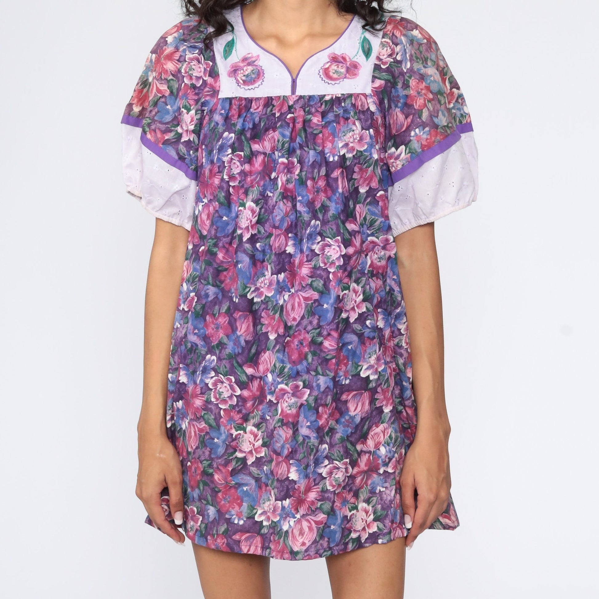 80s Floral Purple Mini Dress Eyelet Lace Tent Cut Small