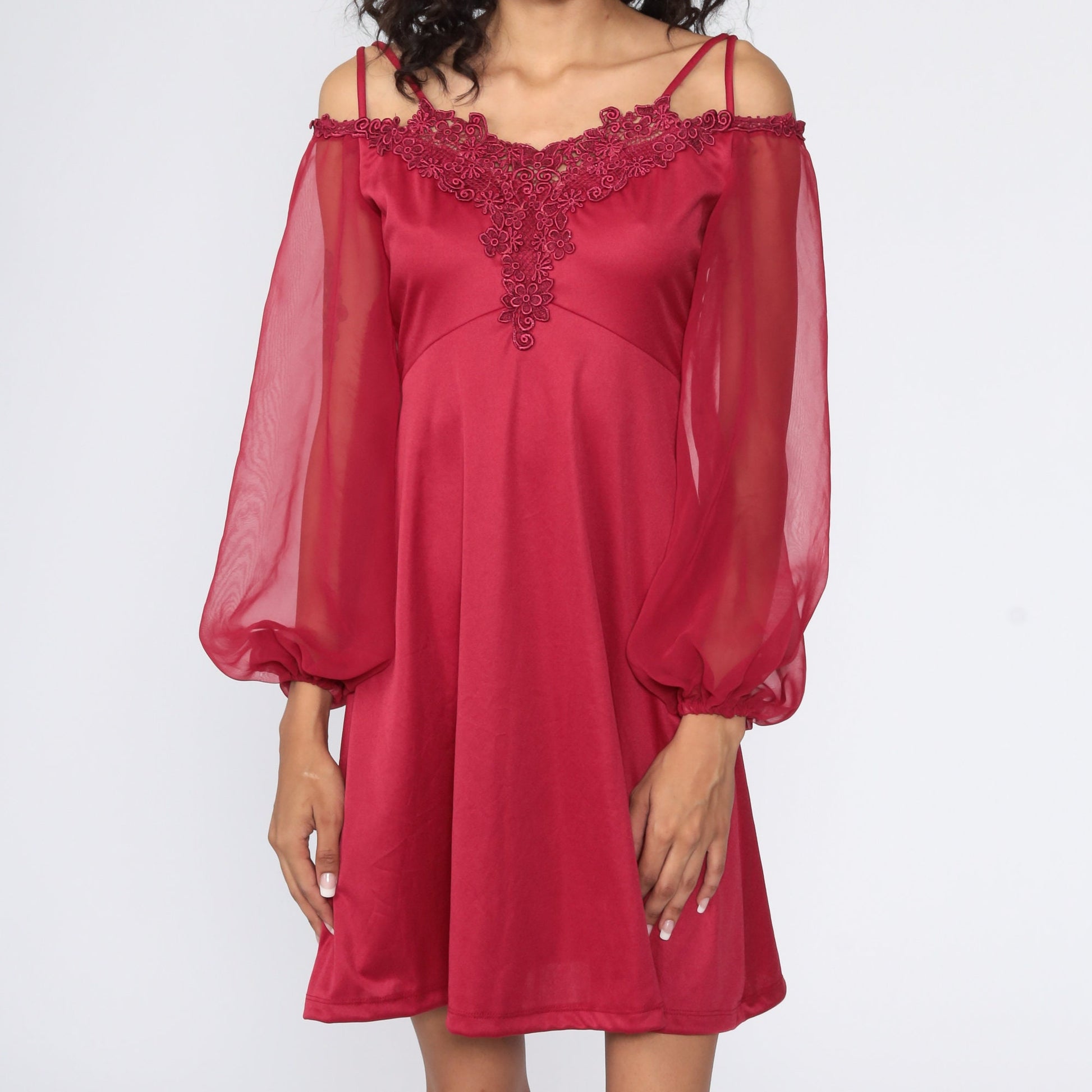 70s Burgundy Mini Dress Off-Shoulder Babydoll Sheer Chiffon Sleeve Extra Small