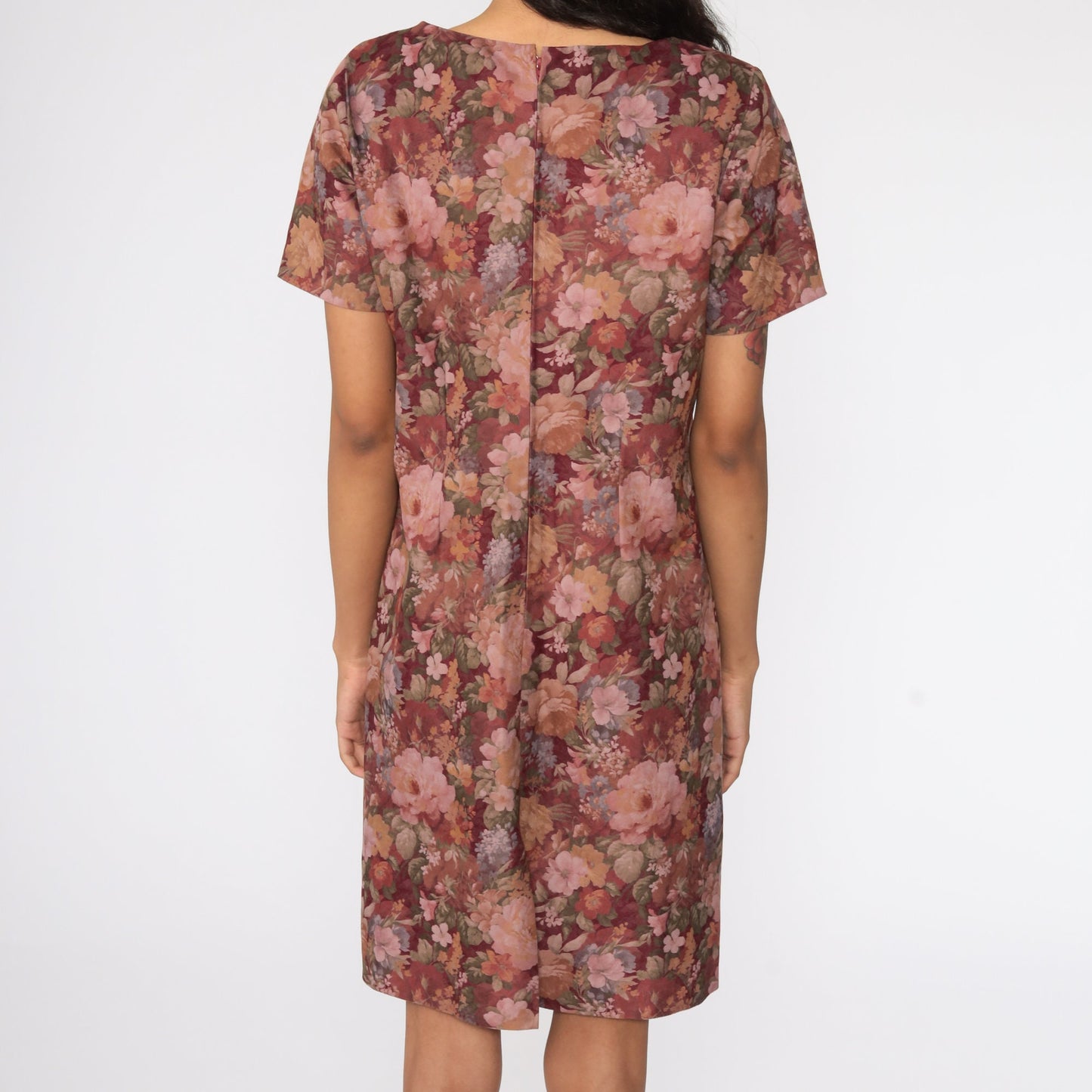 90s Floral Mini Dress Burgundy Shift Faux Suede Short Sleeve Medium