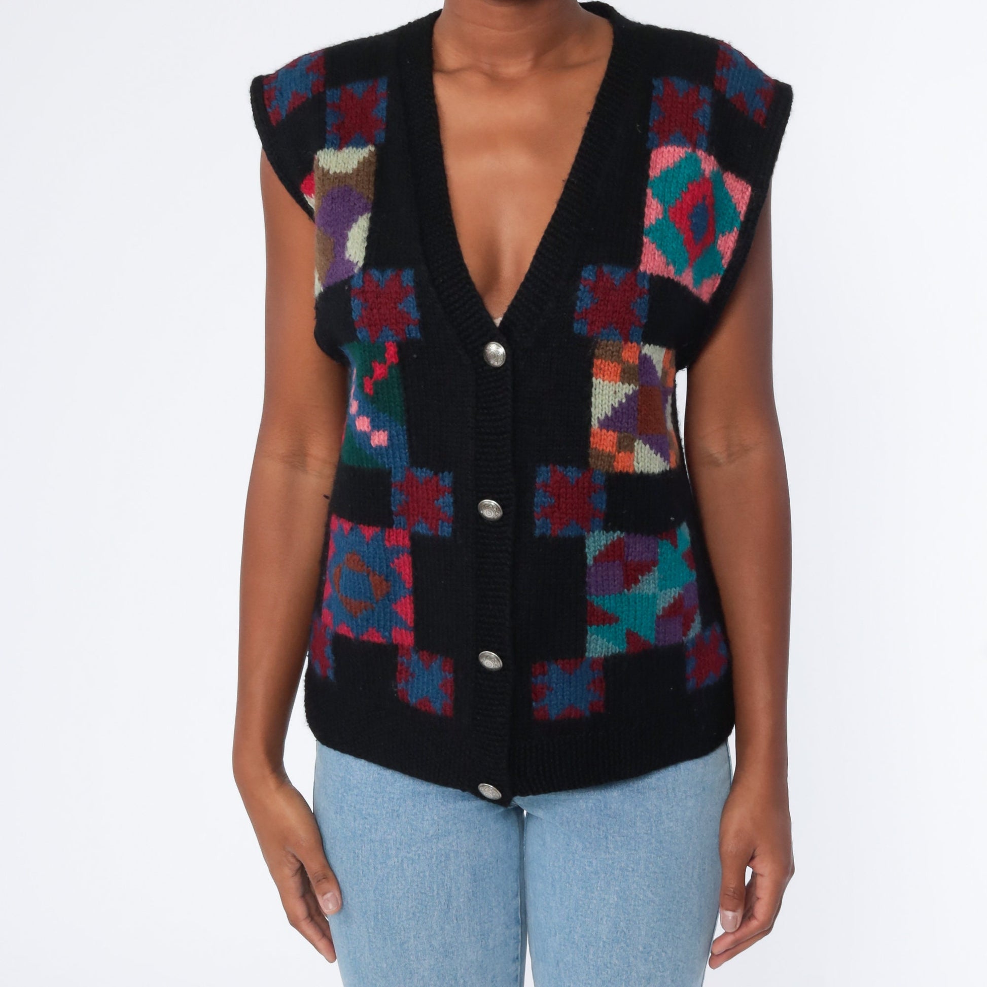 LL Bean Wool Quilted Vest 80s Black Southwestern Small