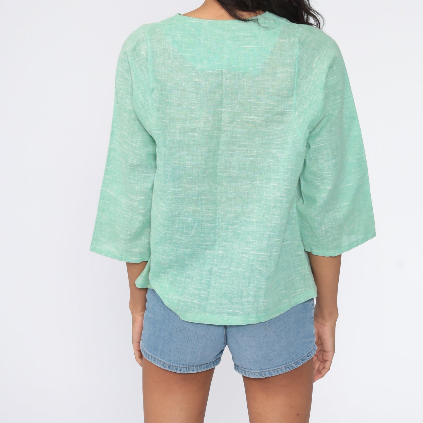 70s Mint Green Cotton Gauze Tunic Bell Sleeve Lace Trim Blouse Small