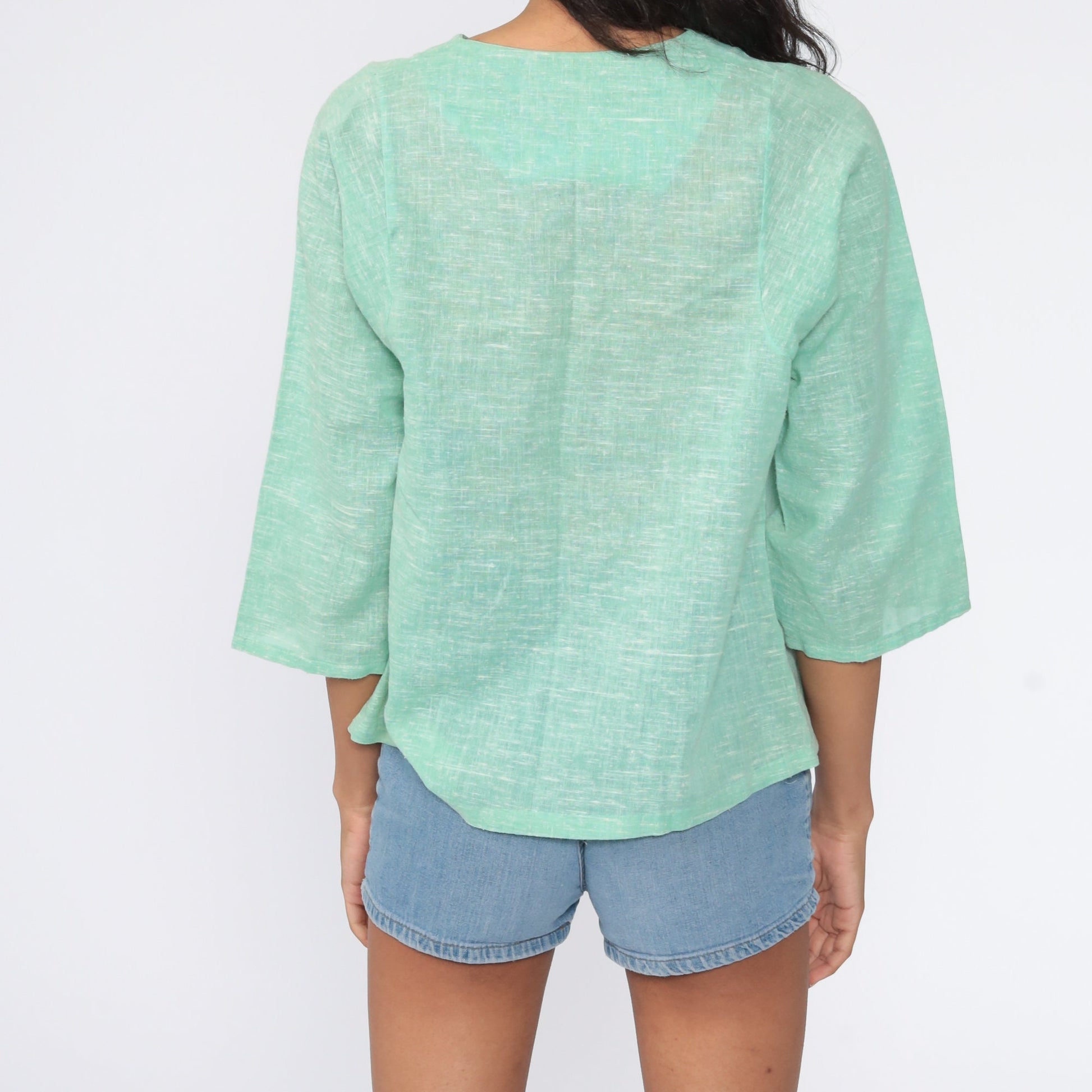 70s Mint Green Cotton Gauze Tunic Bell Sleeve Lace Trim Blouse Small