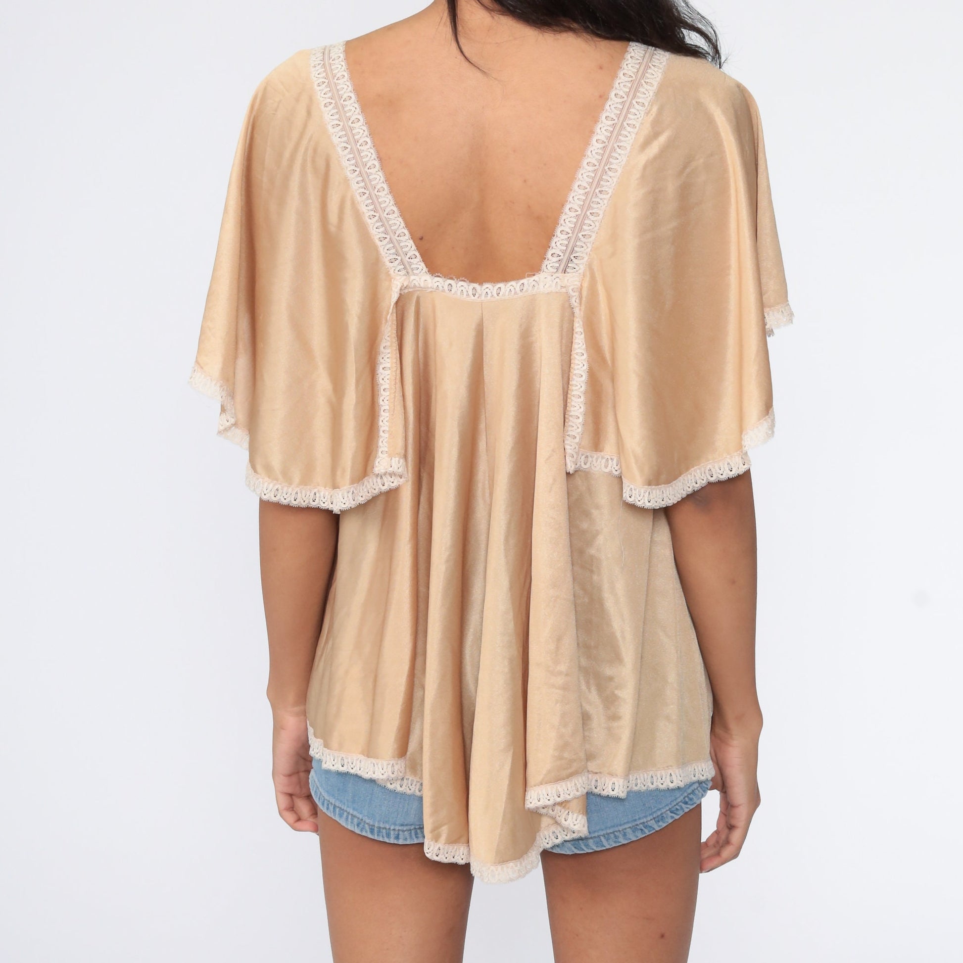 70s Tan Flutter Sleeve Tent Top Tunic Blouse Extra Small