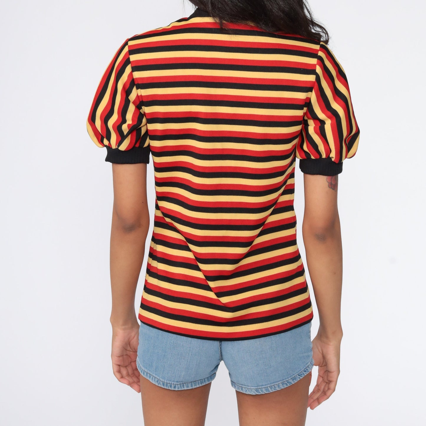 70s Red Yellow Striped Puff Sleeve Button-Up Blouse Small