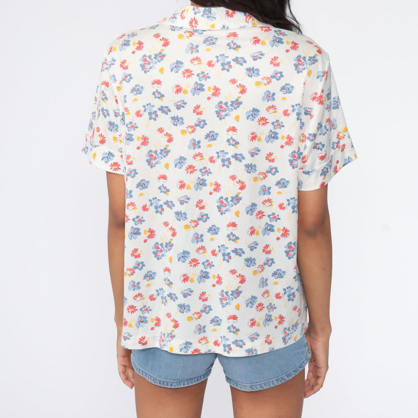 70s White Floral Button-Up Blouse Short Sleeve Collared Shirt Extra Large