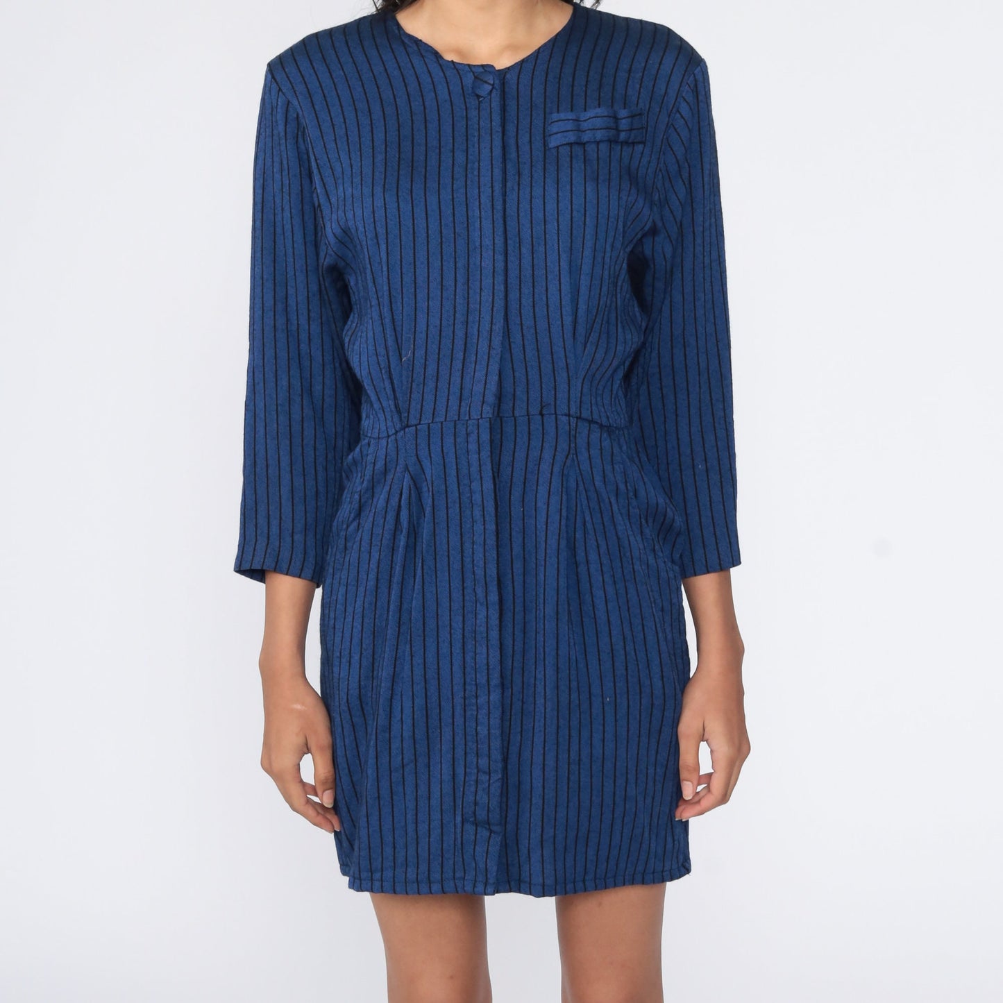 70s Blue Striped Button-Up Mini Dress High Waist Shirtdress Small S
