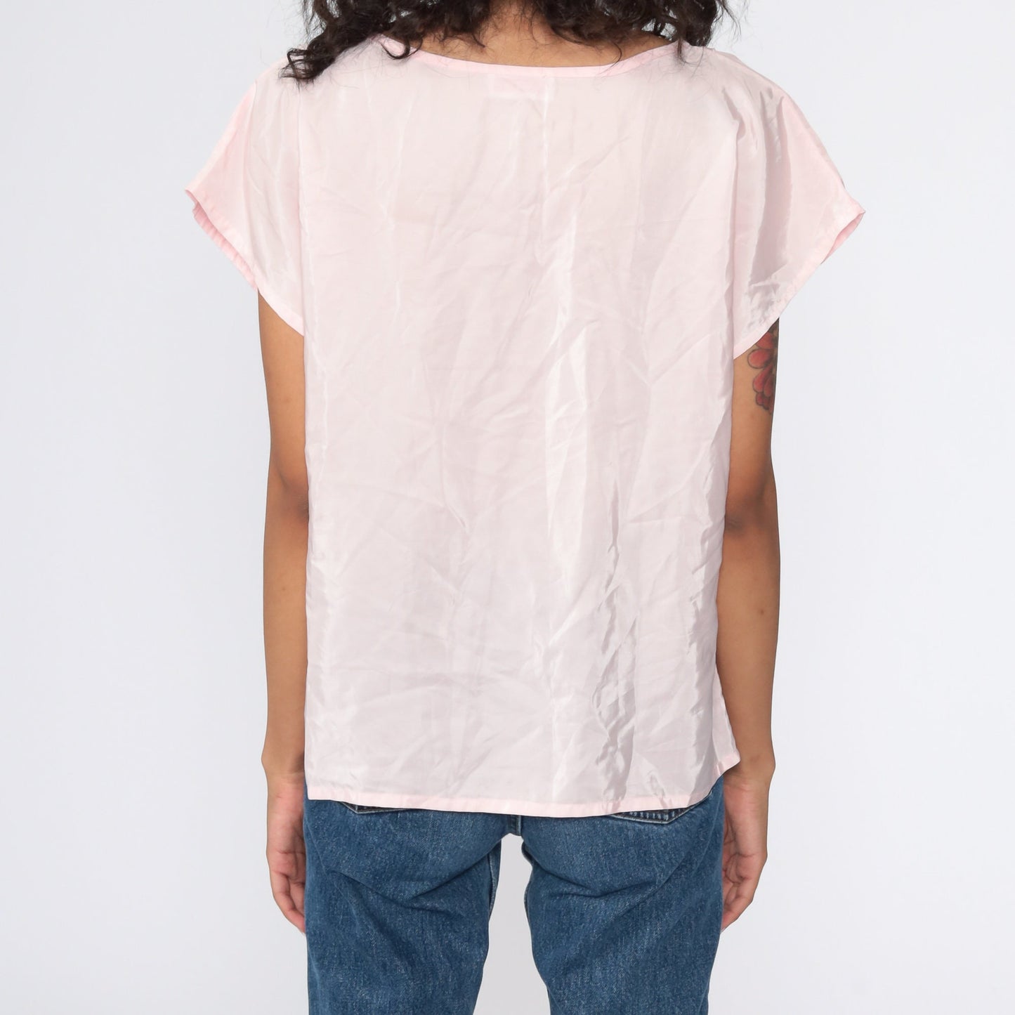 80s Baby Pink Cutwork Embroidered Blouse Floral Short Sleeve Medium