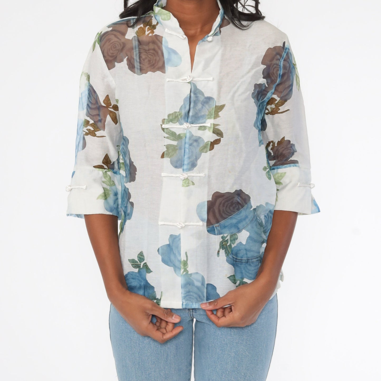 90s Floral Mandarin Collar Blouse White Button-Up Sheer 3/4 Sleeve Medium