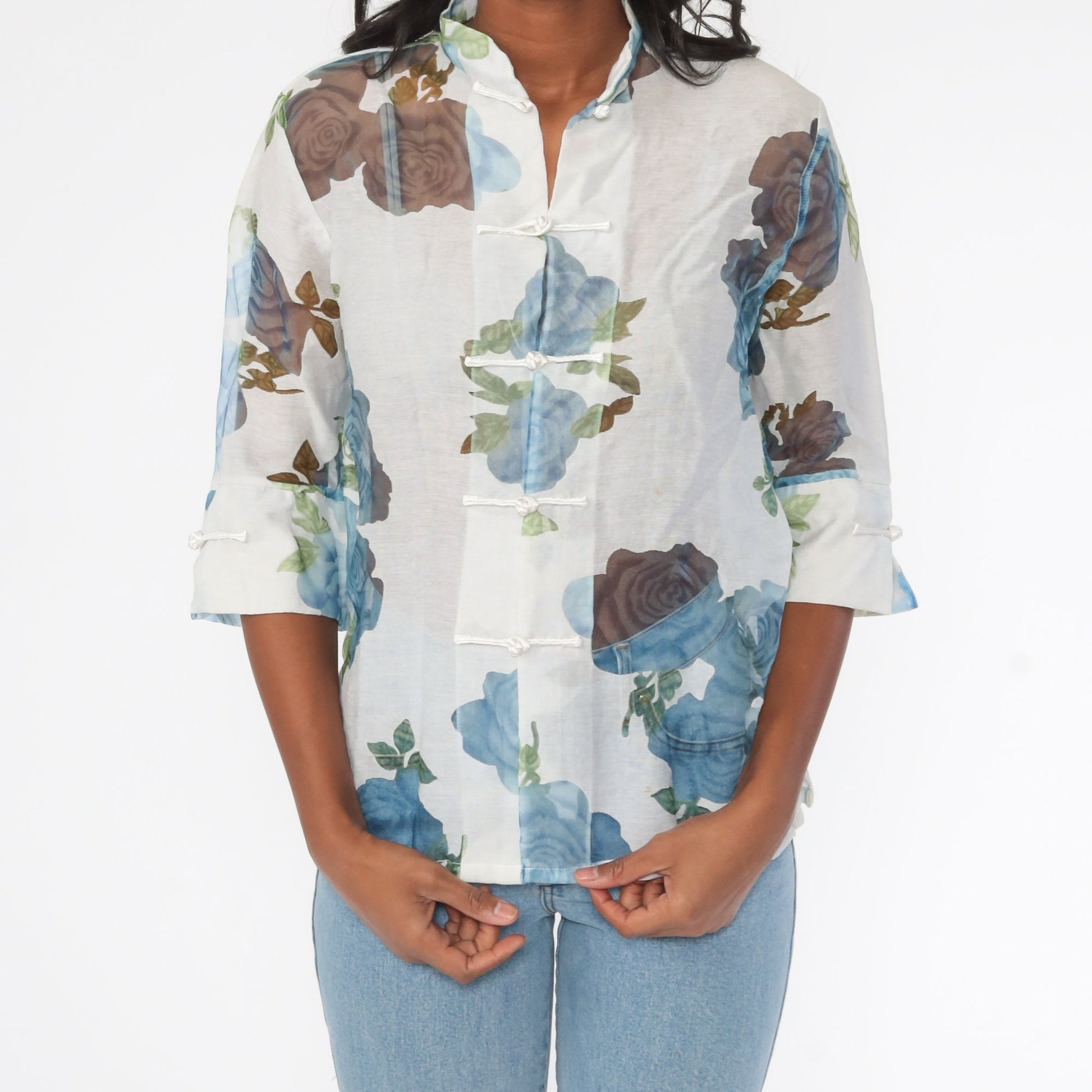 90s Floral Mandarin Collar Blouse White Button-Up Sheer 3/4 Sleeve Medium