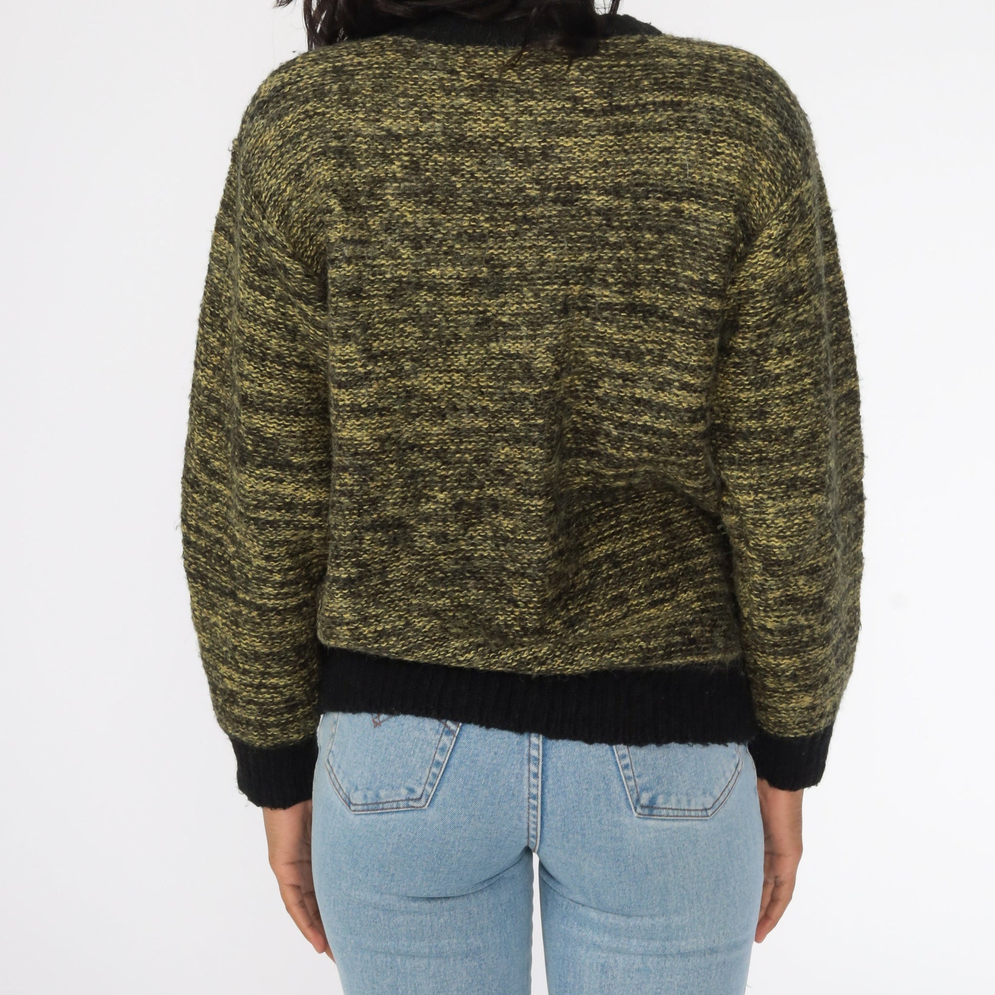 80s Space Dye Wool Blend Sweater Yellow-Green Crewneck Pullover Medium