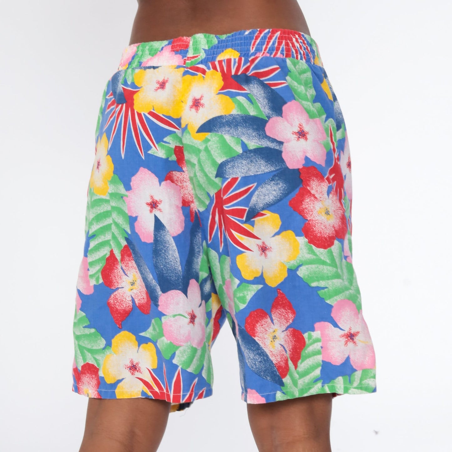 90s Tropical Floral High-Waist Shorts Cotton Blue Extra Large XXL