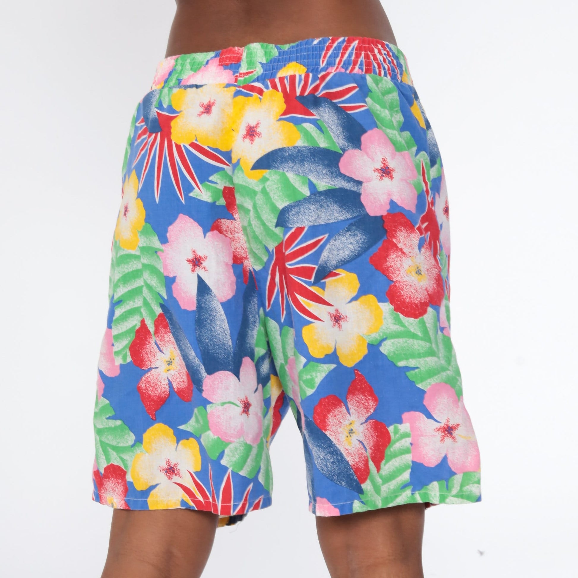 90s Tropical Floral High-Waist Shorts Cotton Blue Extra Large XXL