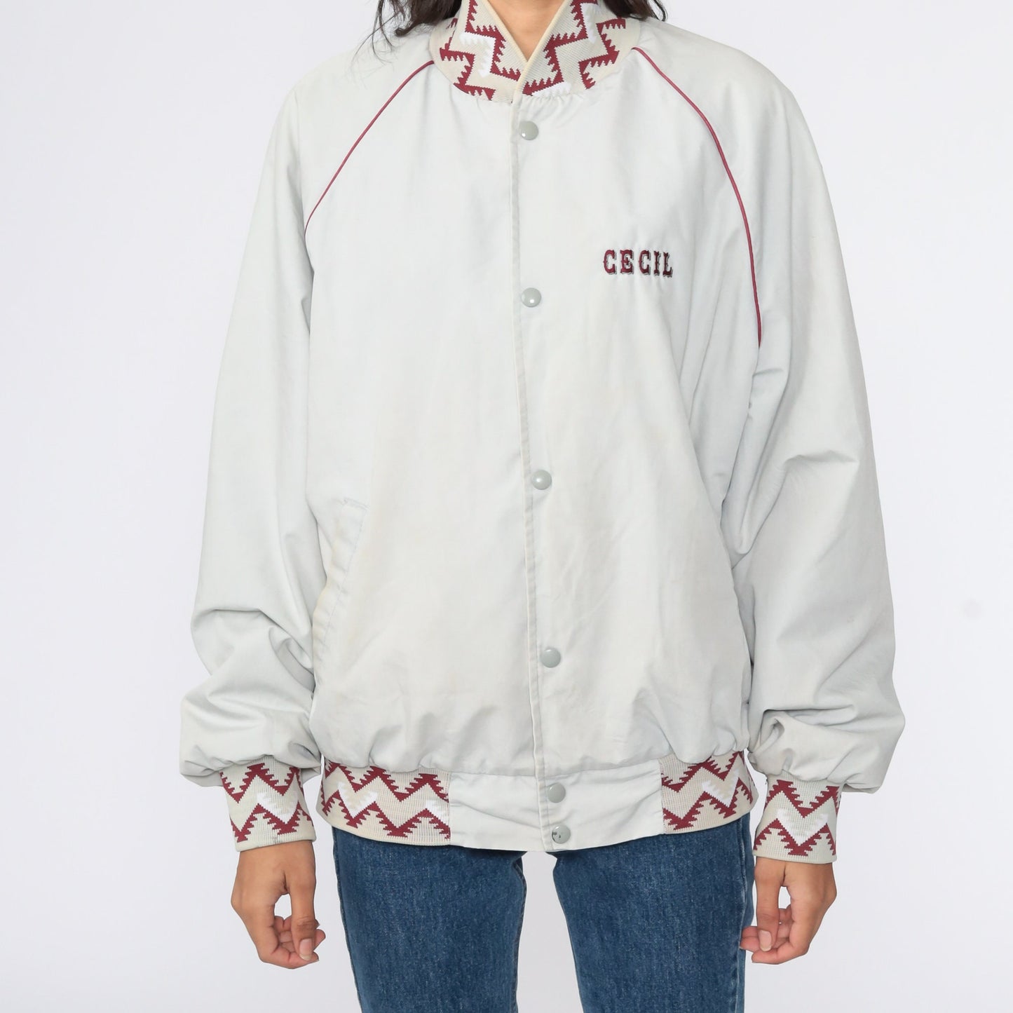 80s Cecil & Green Fields Baseball Jacket Grey Snap Unisex Extra Large