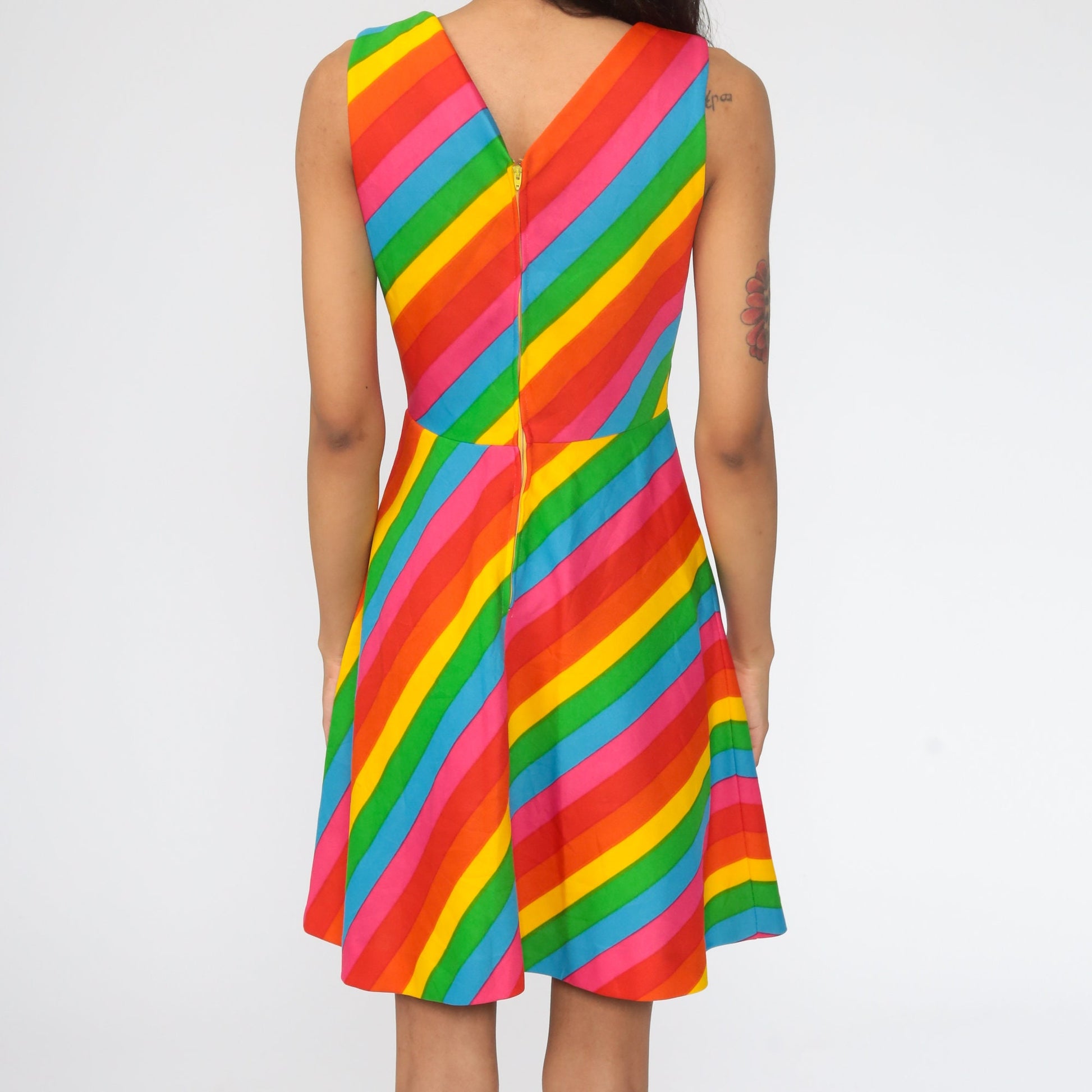 70s Gay Gibson Rainbow Striped Mini Dress Sleeveless High Waist Extra Small