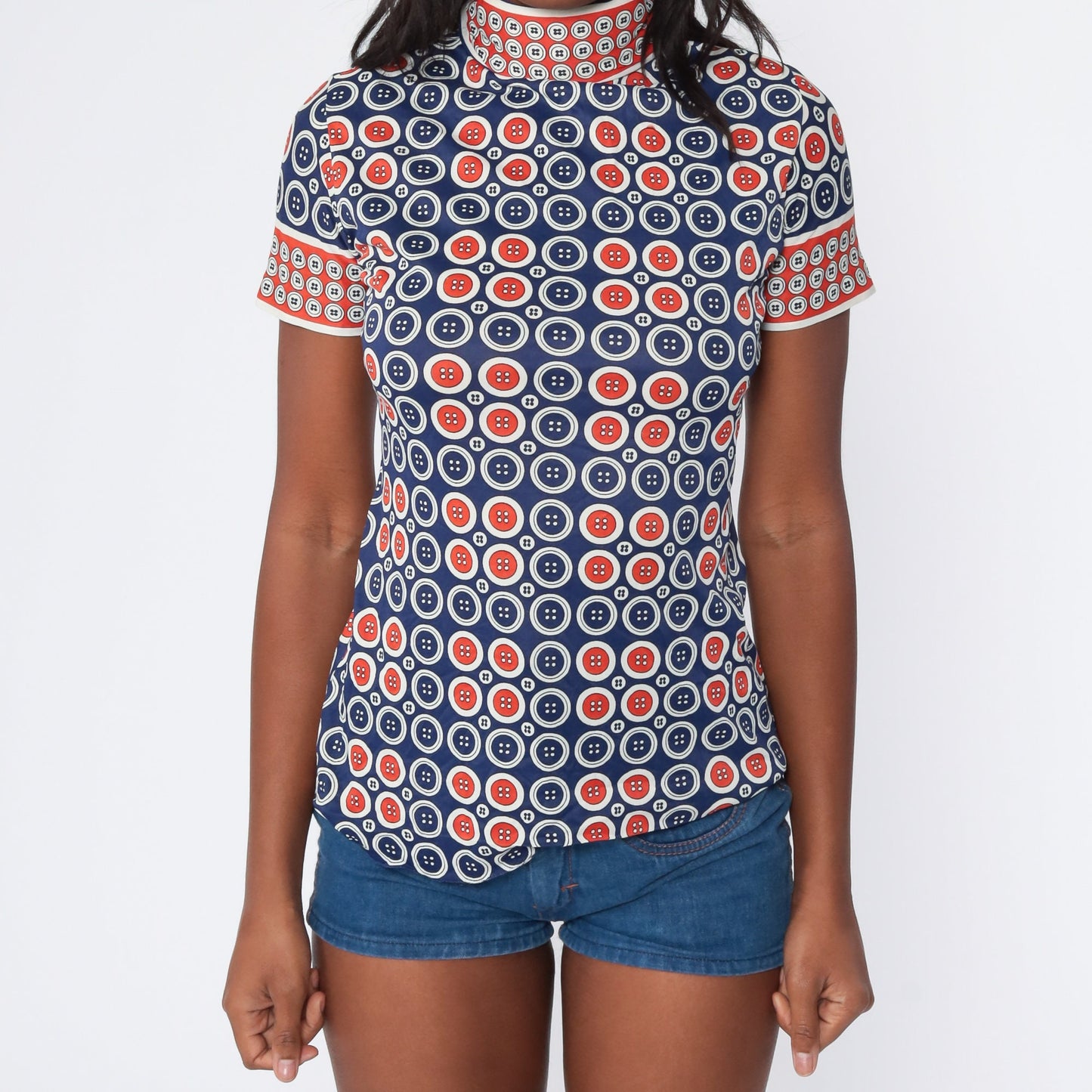70s Button Print Shirt Mock Neck Short Sleeve Red Blue Small