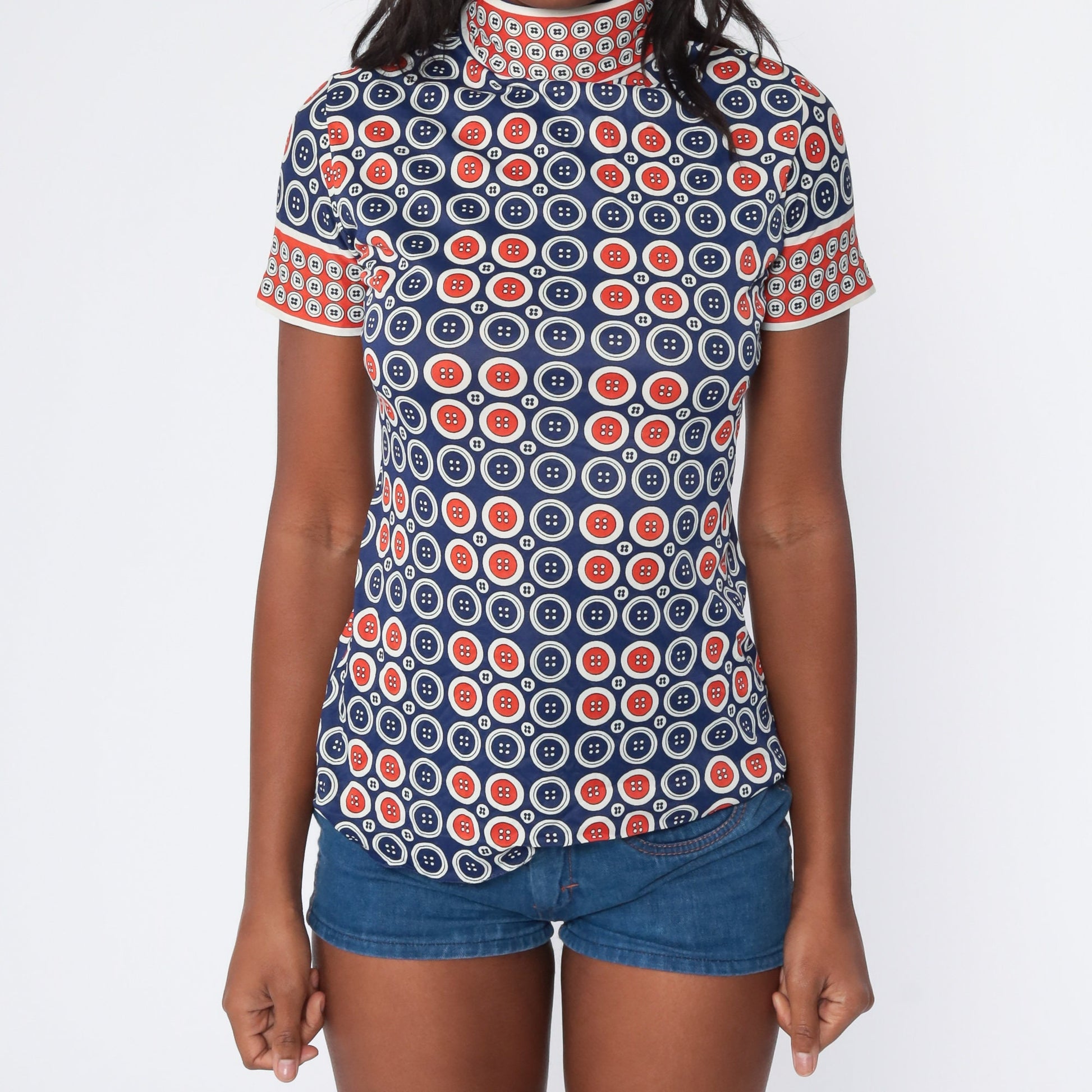 70s Button Print Shirt Mock Neck Short Sleeve Red Blue Small
