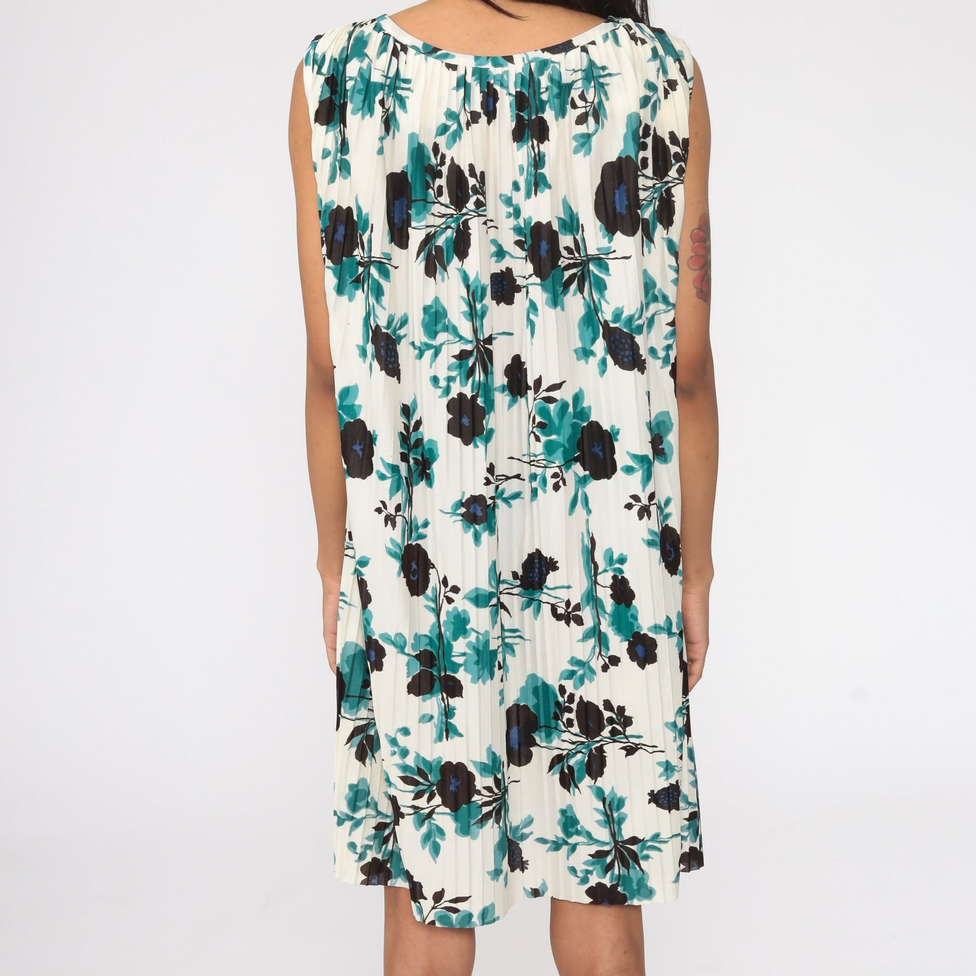 70s Floral Shift Dress Pleated Mini Sleeveless Off-White Blue Large