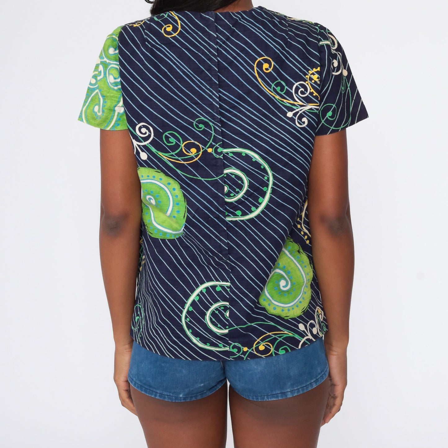 70s Psychedelic Swirl Print Tunic Blouse Dark Blue Short Sleeve Medium