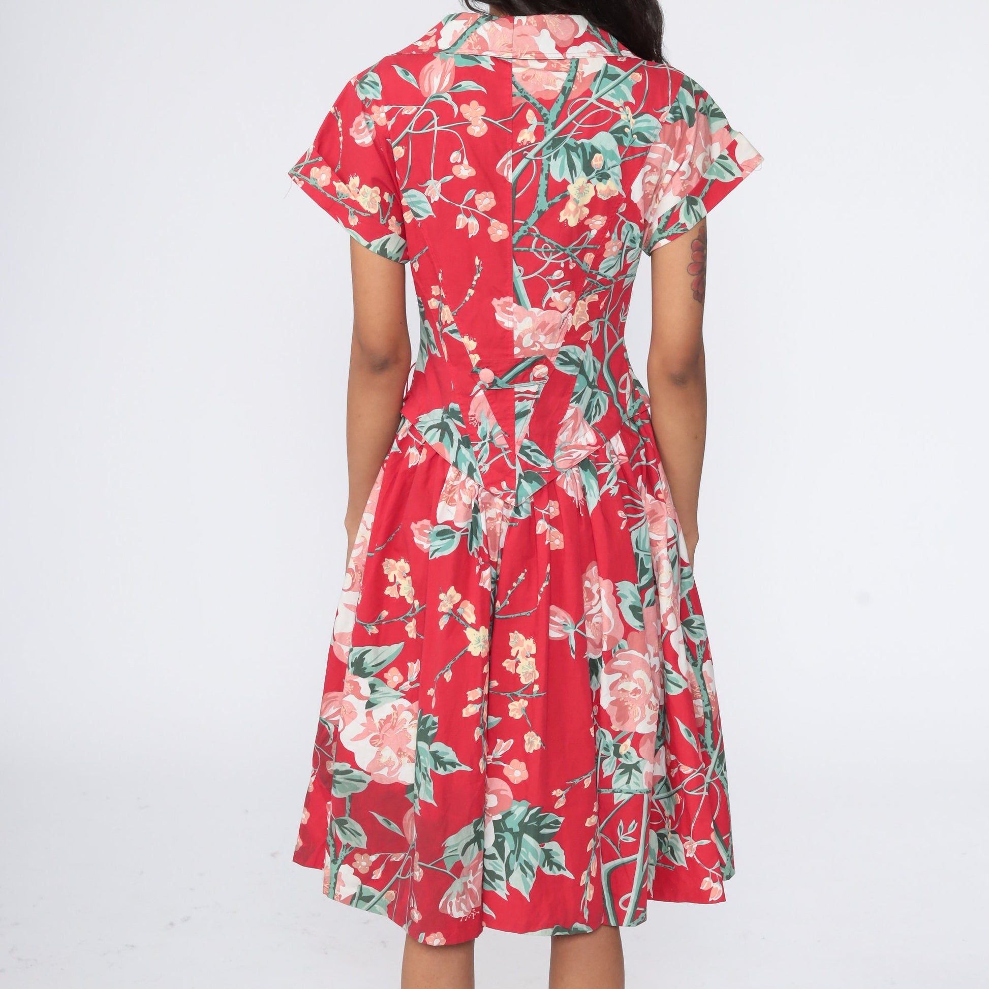 90s Red Floral Midi Dress High Waist Button Up Full Skirt Small
