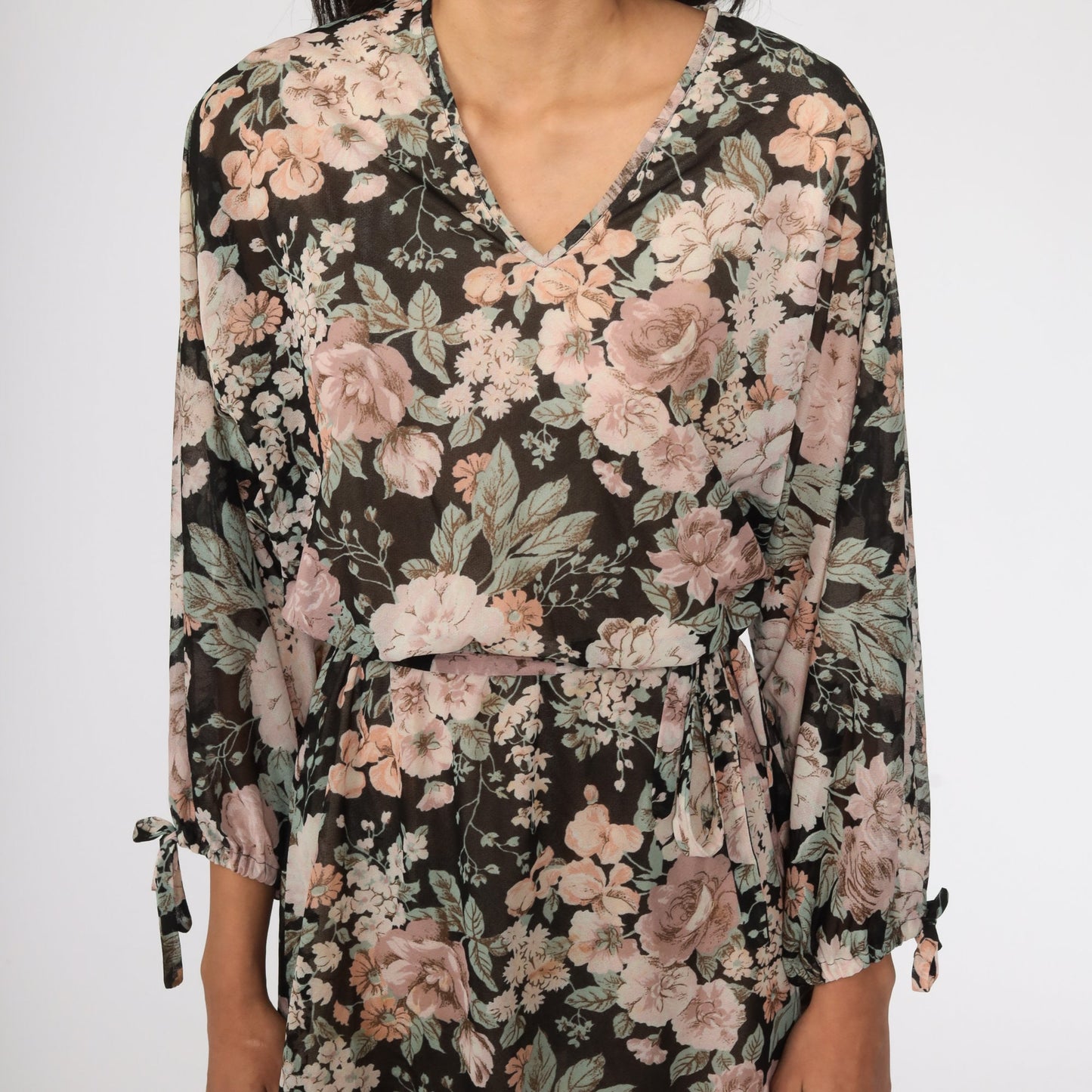 70s Black Floral Midi Dress Long Sleeve High Waist Semi-Sheer Large