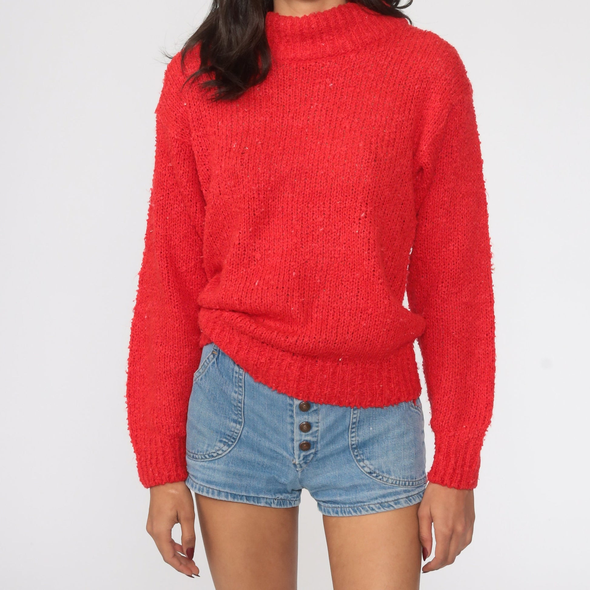80s Red Mock Neck Knit Pullover Sweater Small Medium