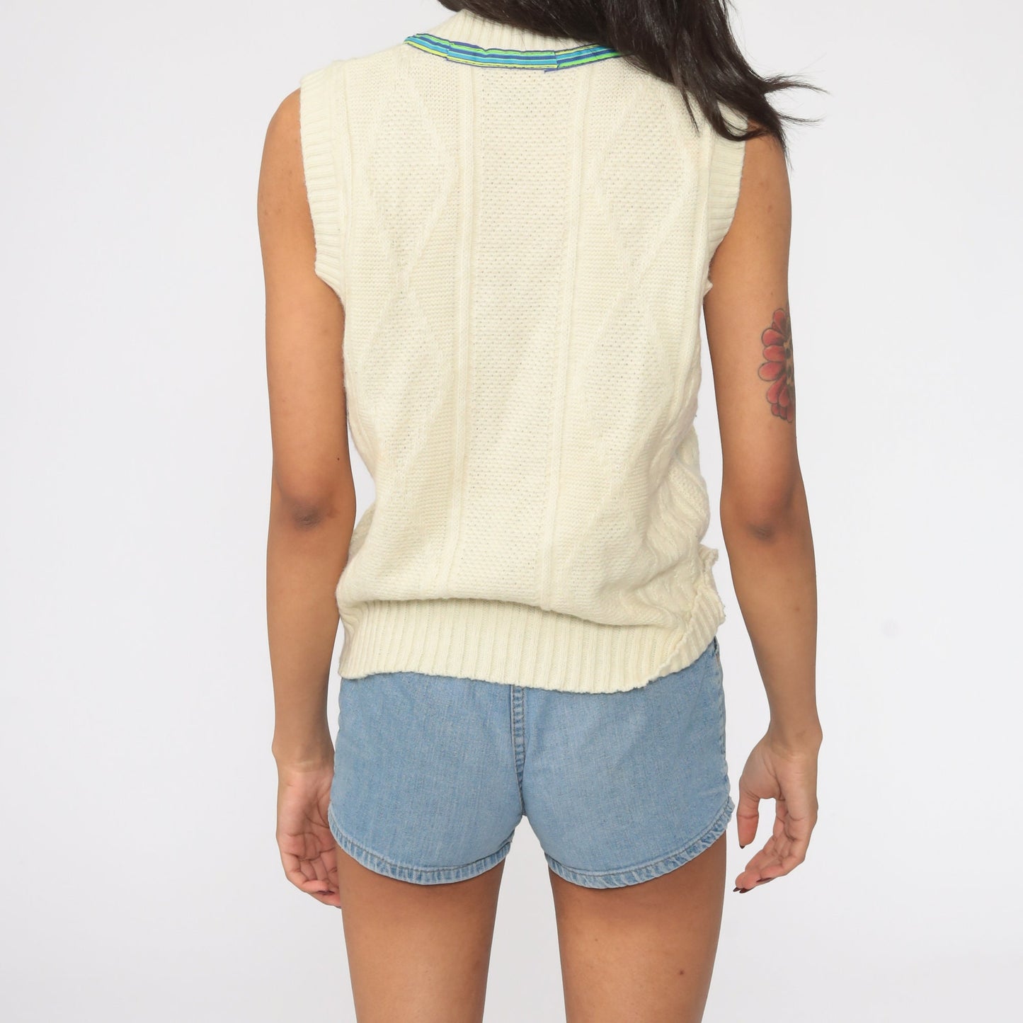 80s Cable Knit Vest Top Cream V-Neck Sleeveless Sweater Small Medium