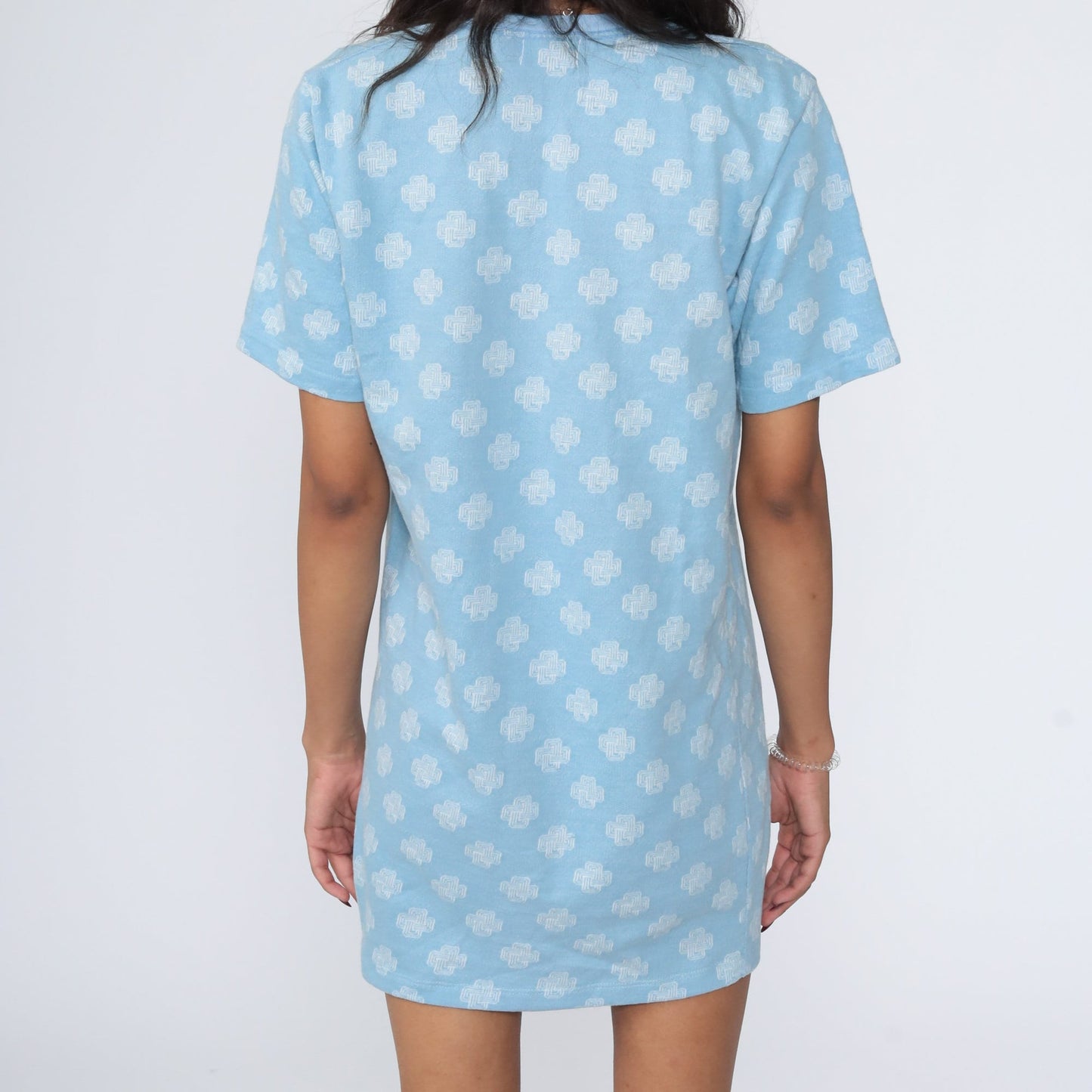 70s Geometric Print Shift Dress Mini Length Cotton Short Sleeve Medium
