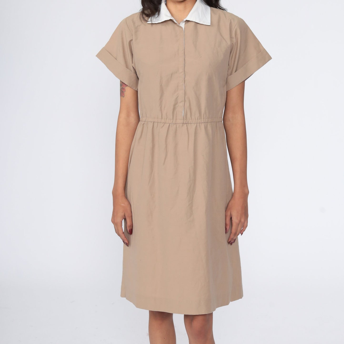 80s Khaki Shirtwaist Midi Dress High Waisted Button Up Short Sleeve Small