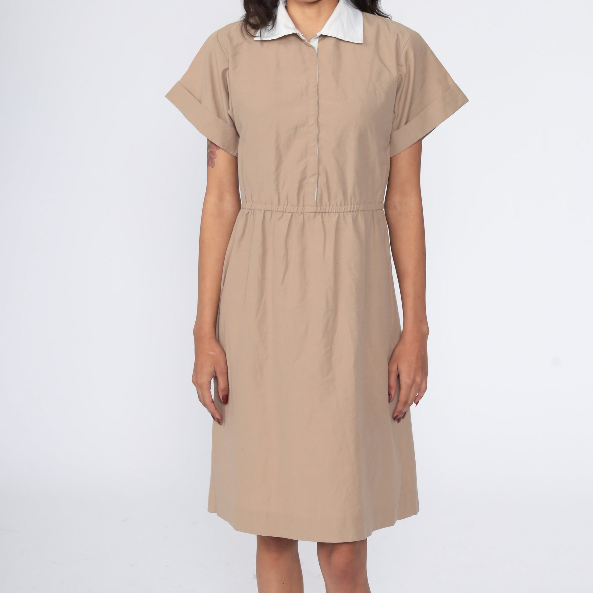 80s Khaki Shirtwaist Midi Dress High Waisted Button Up Short Sleeve Small