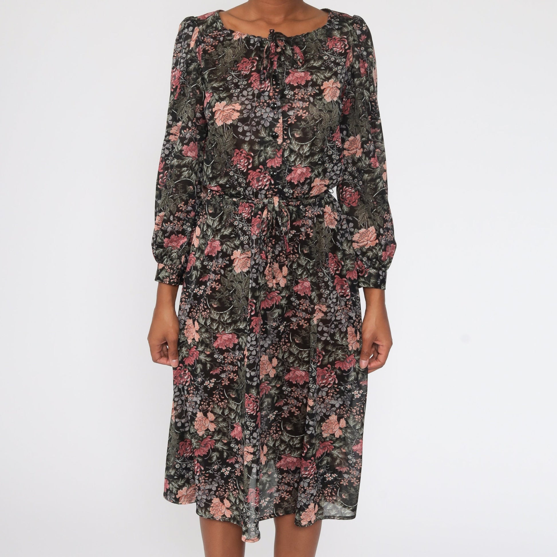 70s Floral Midi Dress Puff Sleeve Button-Up High Waist Semi-Sheer Small