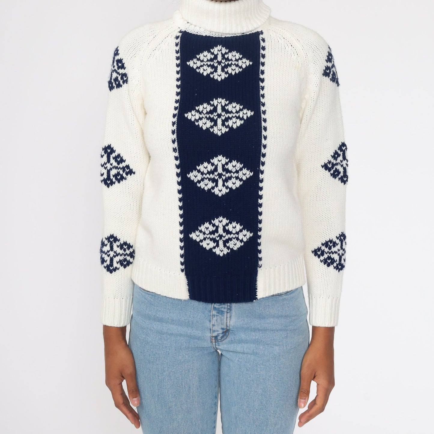 70s White Geometric Turtleneck Sweater Raglan Pullover Extra Small XS
