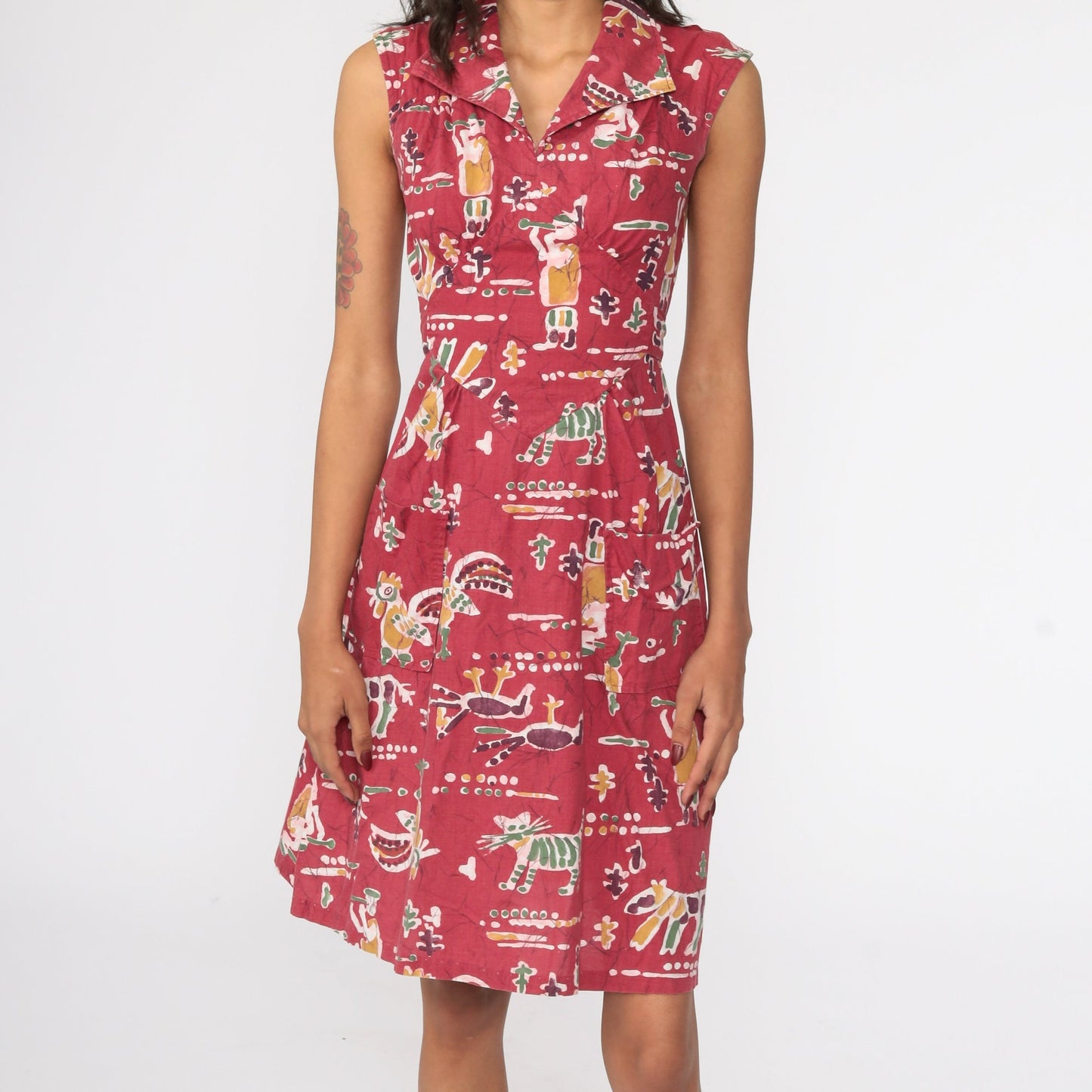 70s Batik Cat Bird Print Mini Dress Red Empire Waist Sleeveless Small