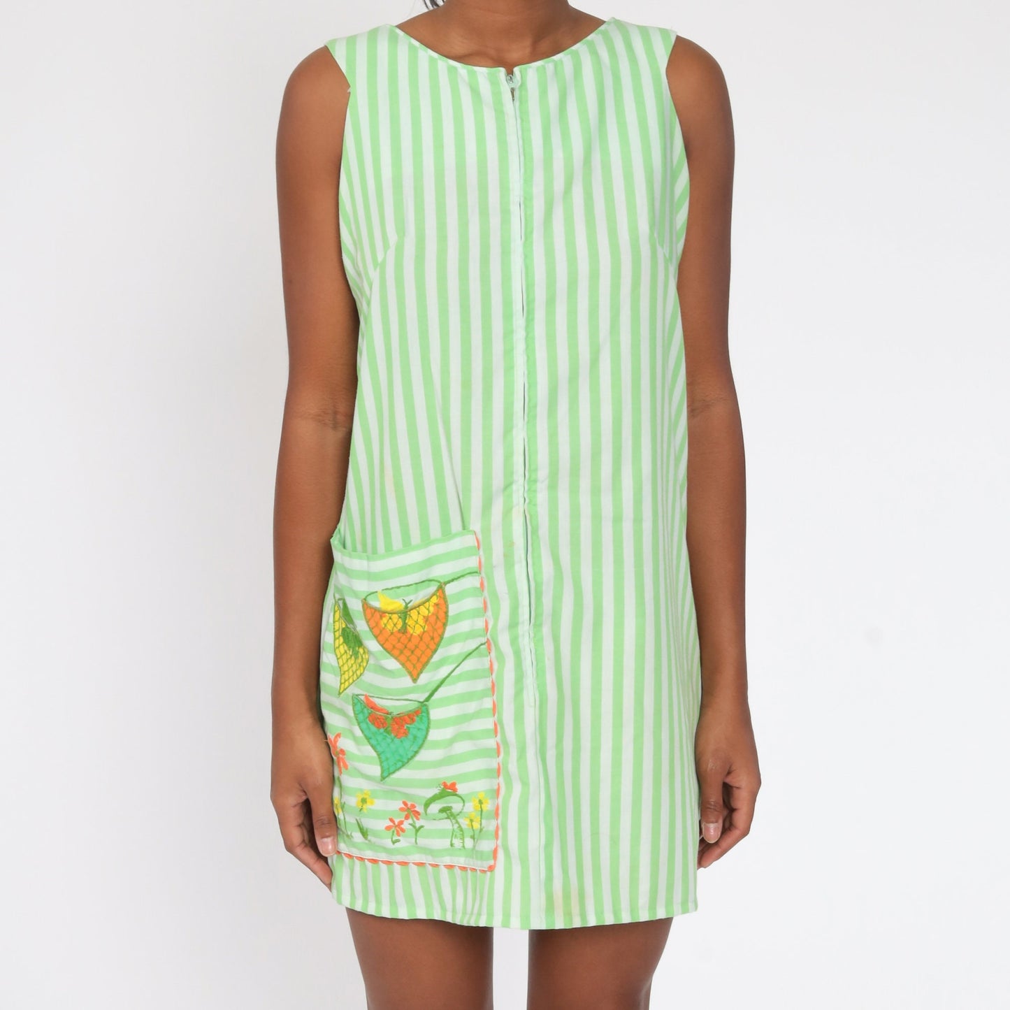 70s Butterfly Catcher Shift Dress Mushroom Embroidered Striped Mini Medium